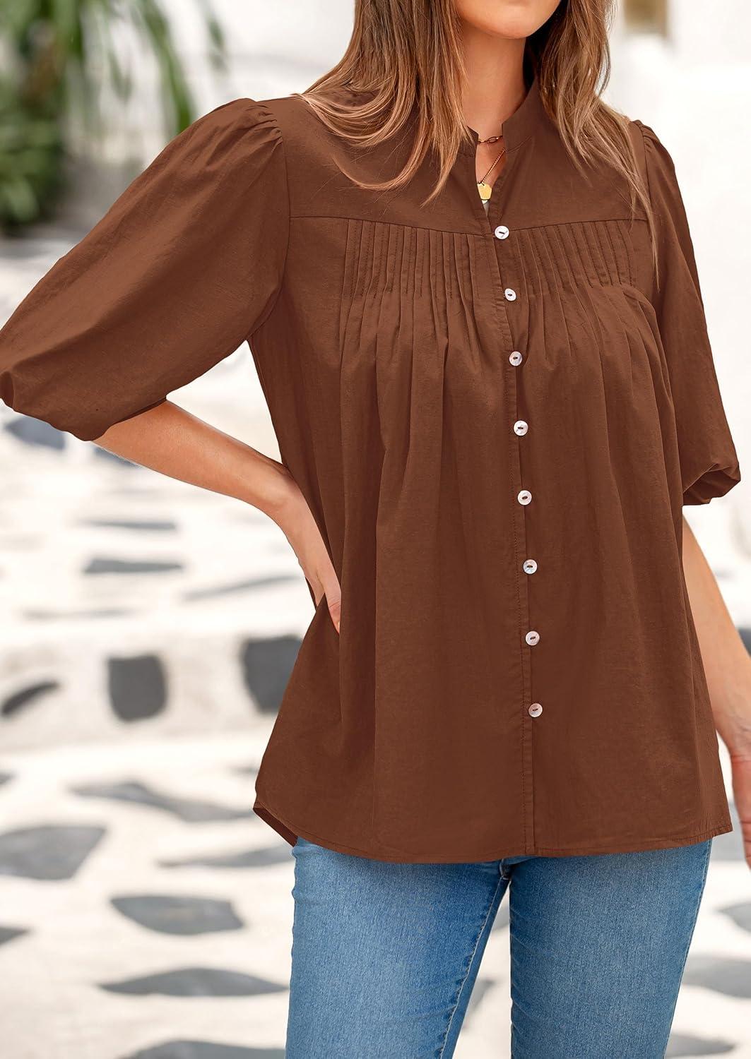 imagePRETTYGARDEN Womens 2025 Summer Short Lantern Sleeve Tops Loose Fit Button Down Shirt Pleated V Neck Blouses Trendy ClothesBrown