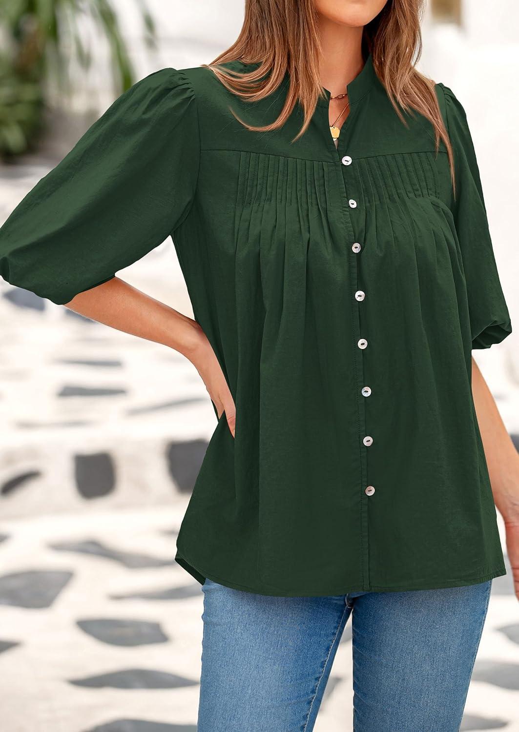 imagePRETTYGARDEN Womens 2025 Summer Short Lantern Sleeve Tops Loose Fit Button Down Shirt Pleated V Neck Blouses Trendy ClothesDark Green