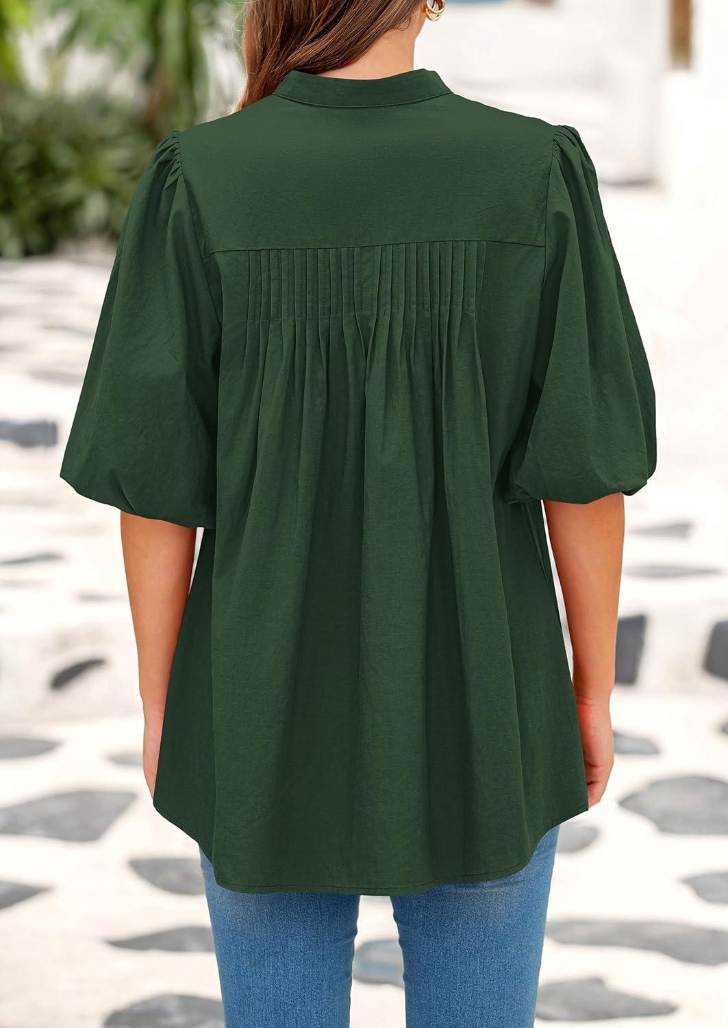 imagePRETTYGARDEN Womens 2025 Summer Short Lantern Sleeve Tops Loose Fit Button Down Shirt Pleated V Neck Blouses Trendy ClothesDark Green