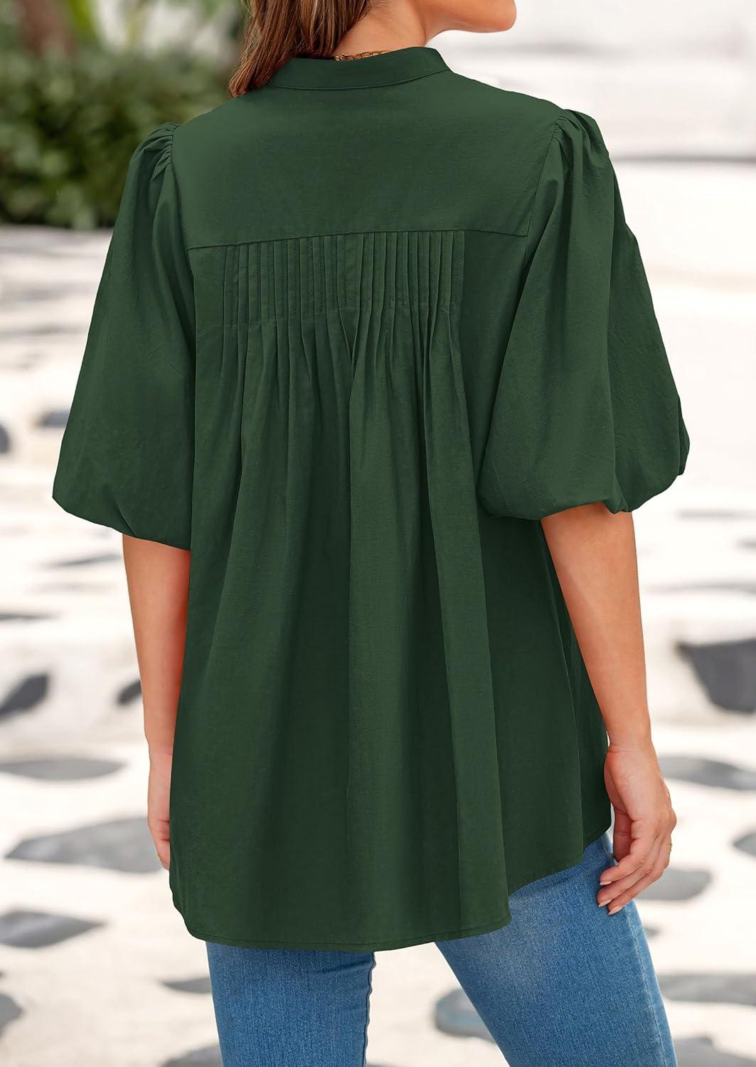 imagePRETTYGARDEN Womens 2025 Summer Short Lantern Sleeve Tops Loose Fit Button Down Shirt Pleated V Neck Blouses Trendy ClothesDark Green