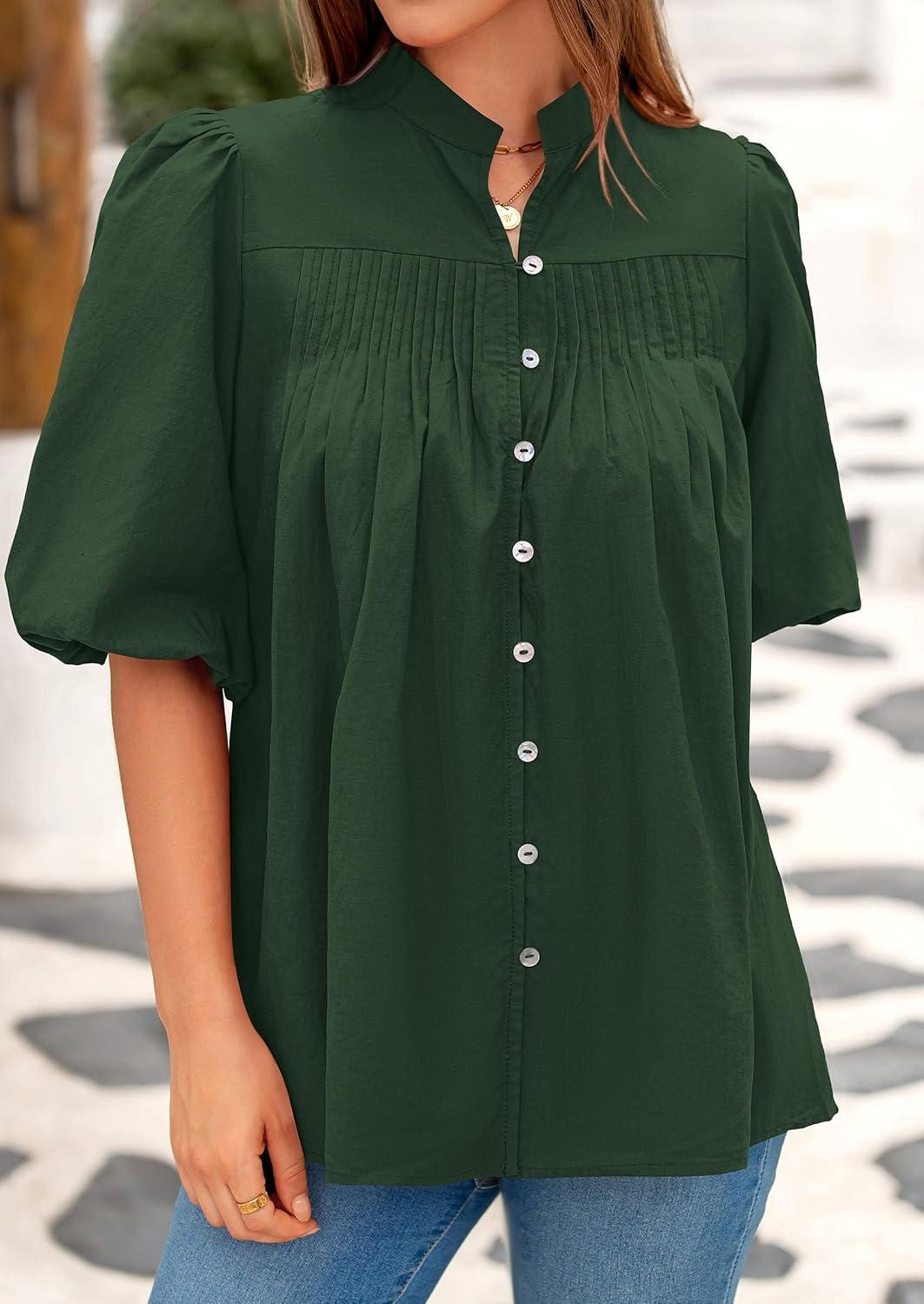 imagePRETTYGARDEN Womens 2025 Summer Short Lantern Sleeve Tops Loose Fit Button Down Shirt Pleated V Neck Blouses Trendy ClothesDark Green