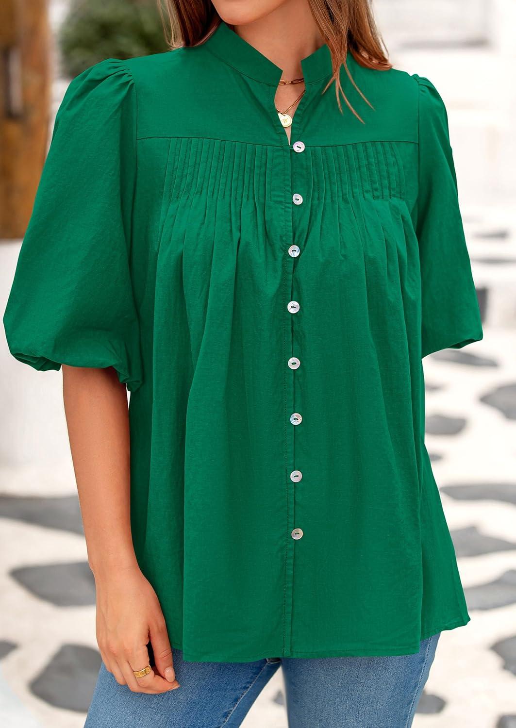 imagePRETTYGARDEN Womens 2025 Summer Short Lantern Sleeve Tops Loose Fit Button Down Shirt Pleated V Neck Blouses Trendy ClothesGreen