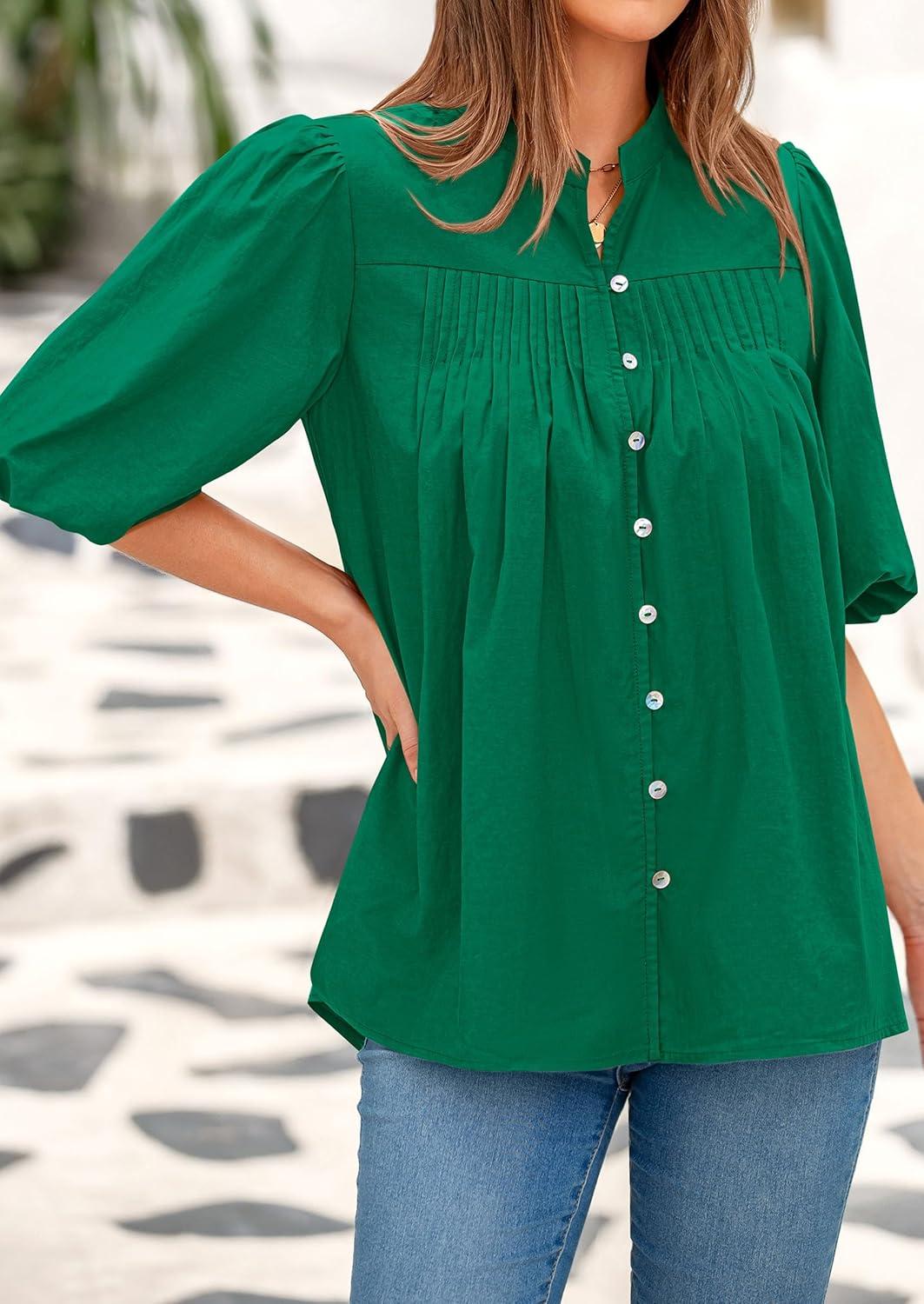imagePRETTYGARDEN Womens 2025 Summer Short Lantern Sleeve Tops Loose Fit Button Down Shirt Pleated V Neck Blouses Trendy ClothesGreen