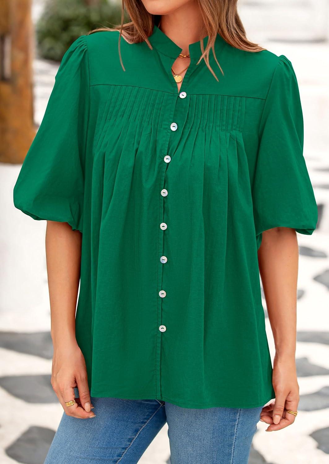 imagePRETTYGARDEN Womens 2025 Summer Short Lantern Sleeve Tops Loose Fit Button Down Shirt Pleated V Neck Blouses Trendy ClothesGreen
