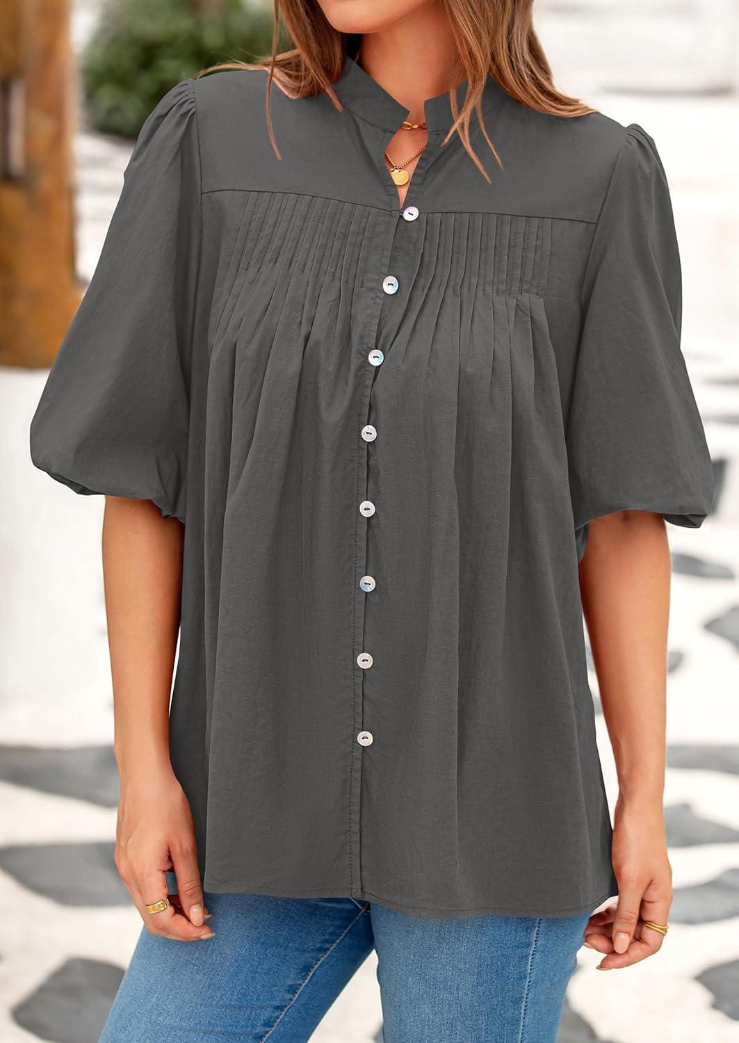 imagePRETTYGARDEN Womens 2025 Summer Short Lantern Sleeve Tops Loose Fit Button Down Shirt Pleated V Neck Blouses Trendy ClothesGrey