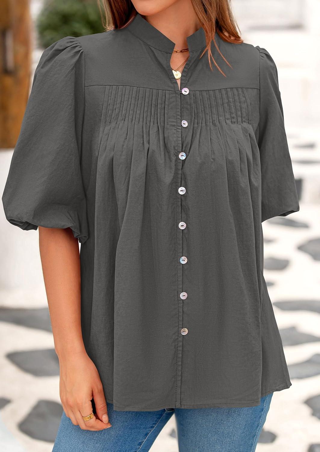 imagePRETTYGARDEN Womens 2025 Summer Short Lantern Sleeve Tops Loose Fit Button Down Shirt Pleated V Neck Blouses Trendy ClothesGrey