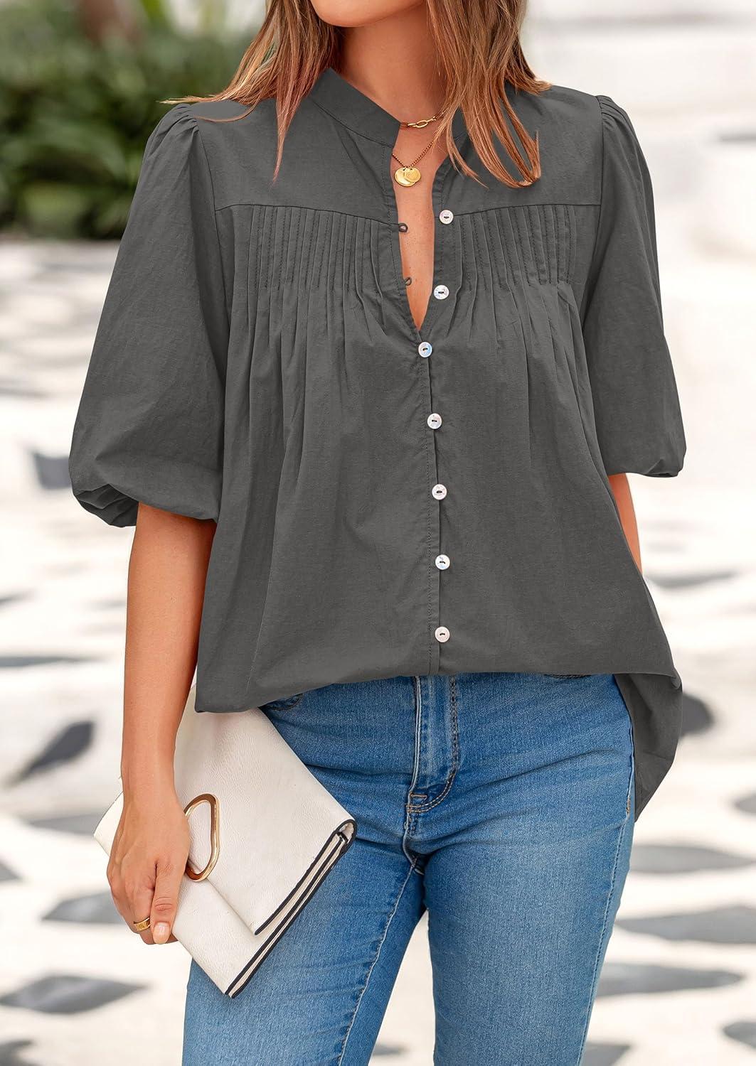 imagePRETTYGARDEN Womens 2025 Summer Short Lantern Sleeve Tops Loose Fit Button Down Shirt Pleated V Neck Blouses Trendy ClothesGrey