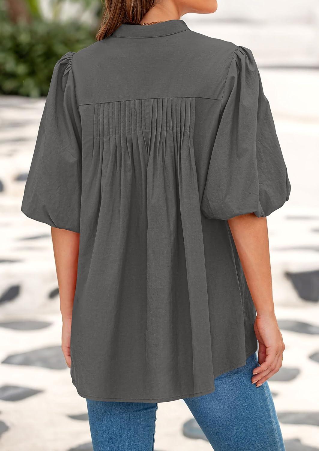 imagePRETTYGARDEN Womens 2025 Summer Short Lantern Sleeve Tops Loose Fit Button Down Shirt Pleated V Neck Blouses Trendy ClothesGrey
