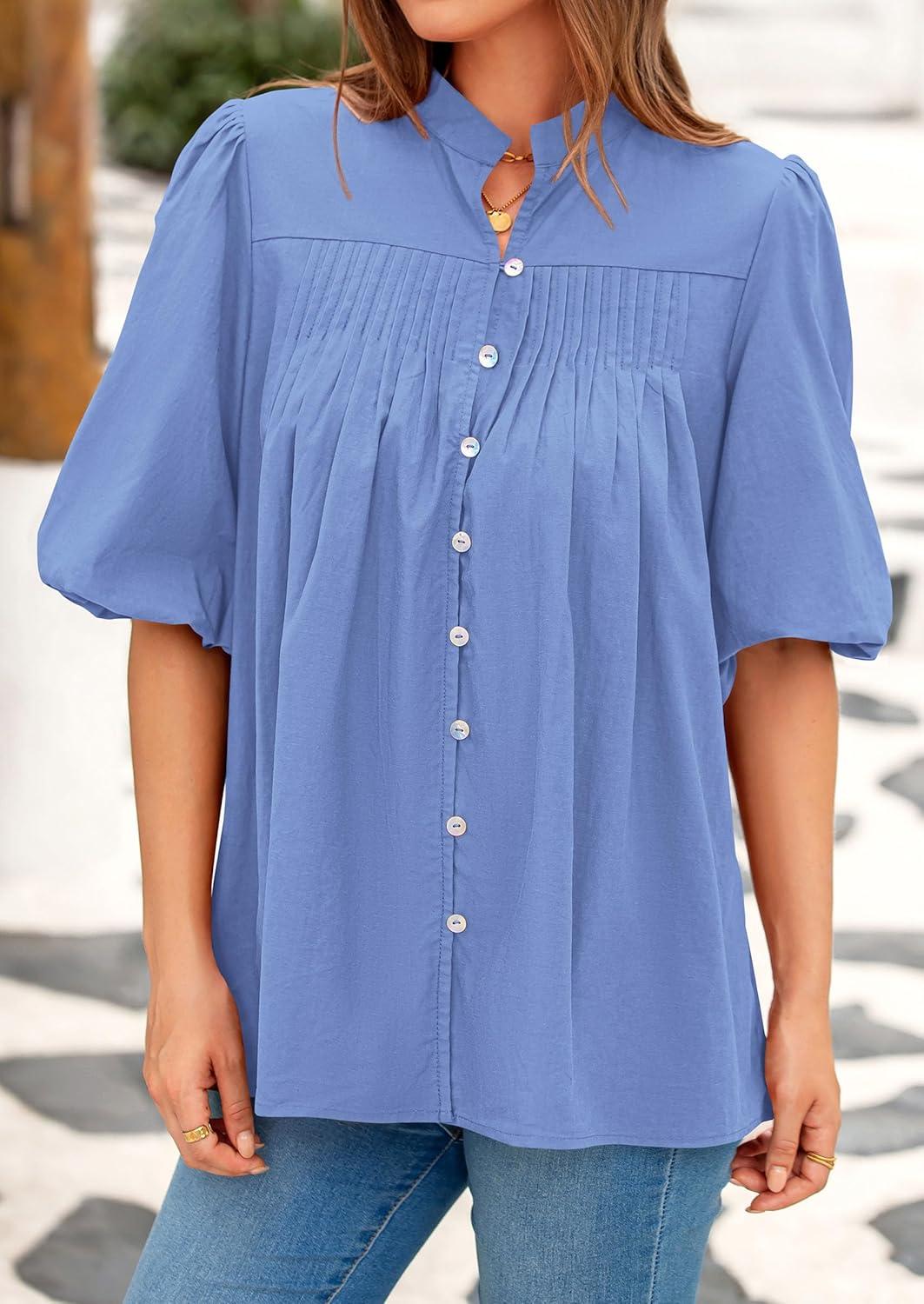 imagePRETTYGARDEN Womens 2025 Summer Short Lantern Sleeve Tops Loose Fit Button Down Shirt Pleated V Neck Blouses Trendy ClothesLight Blue