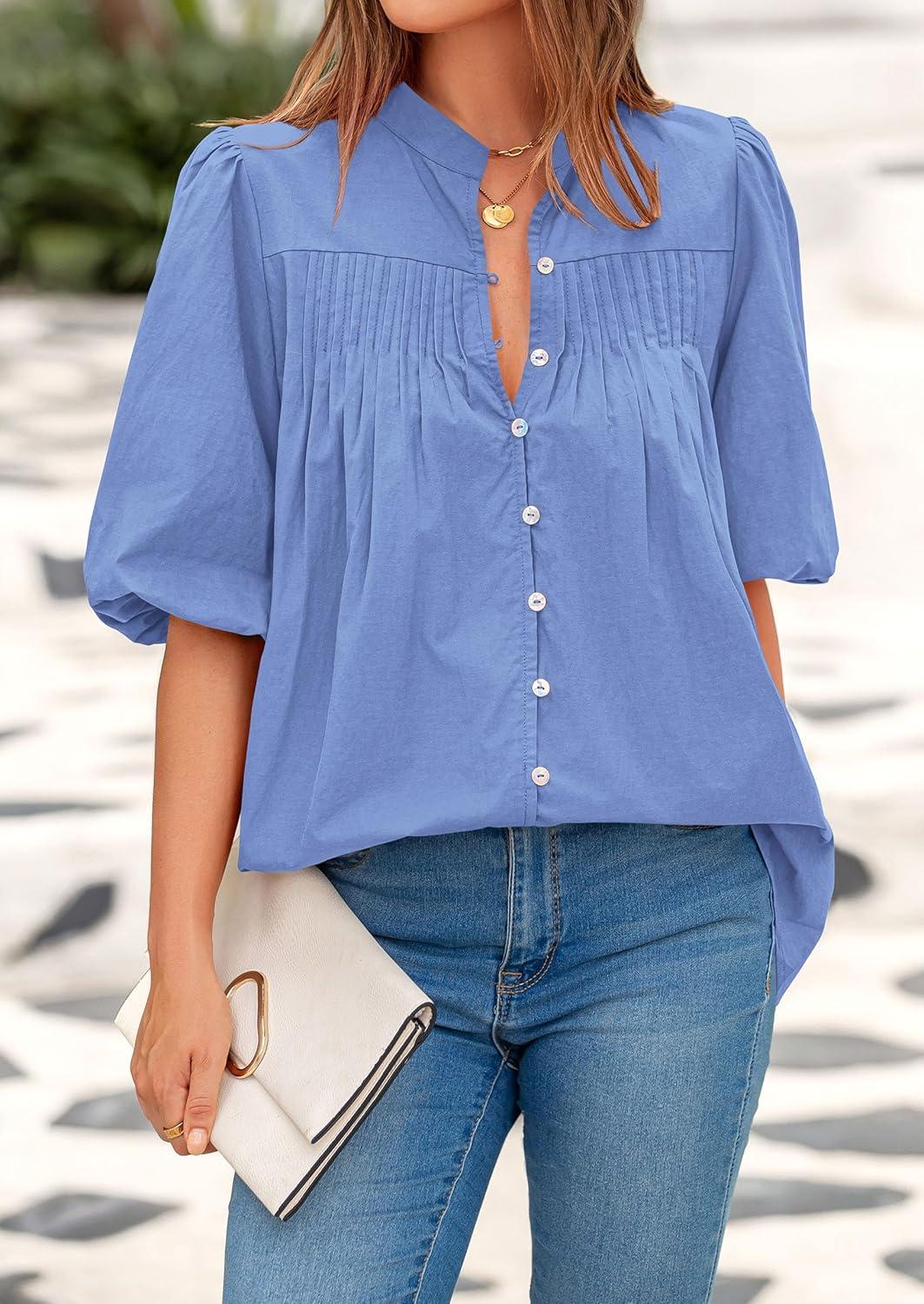 imagePRETTYGARDEN Womens 2025 Summer Short Lantern Sleeve Tops Loose Fit Button Down Shirt Pleated V Neck Blouses Trendy ClothesLight Blue