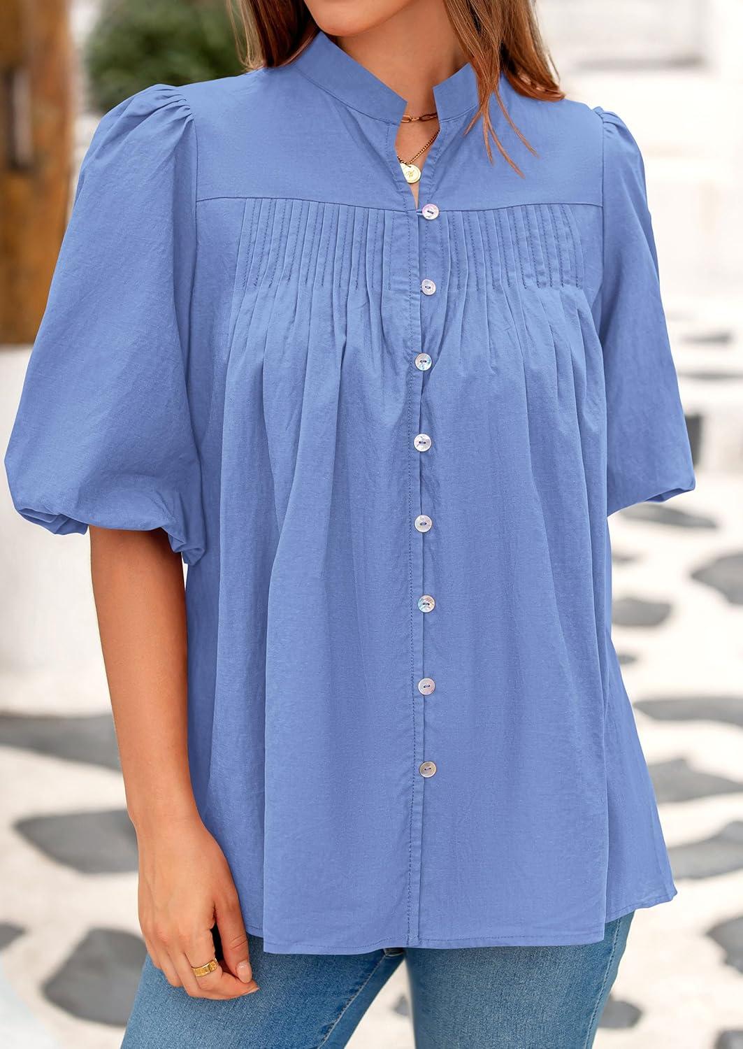 imagePRETTYGARDEN Womens 2025 Summer Short Lantern Sleeve Tops Loose Fit Button Down Shirt Pleated V Neck Blouses Trendy ClothesLight Blue