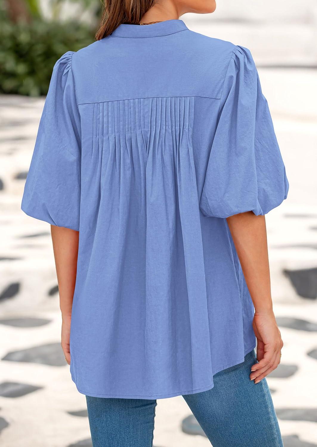 imagePRETTYGARDEN Womens 2025 Summer Short Lantern Sleeve Tops Loose Fit Button Down Shirt Pleated V Neck Blouses Trendy ClothesLight Blue