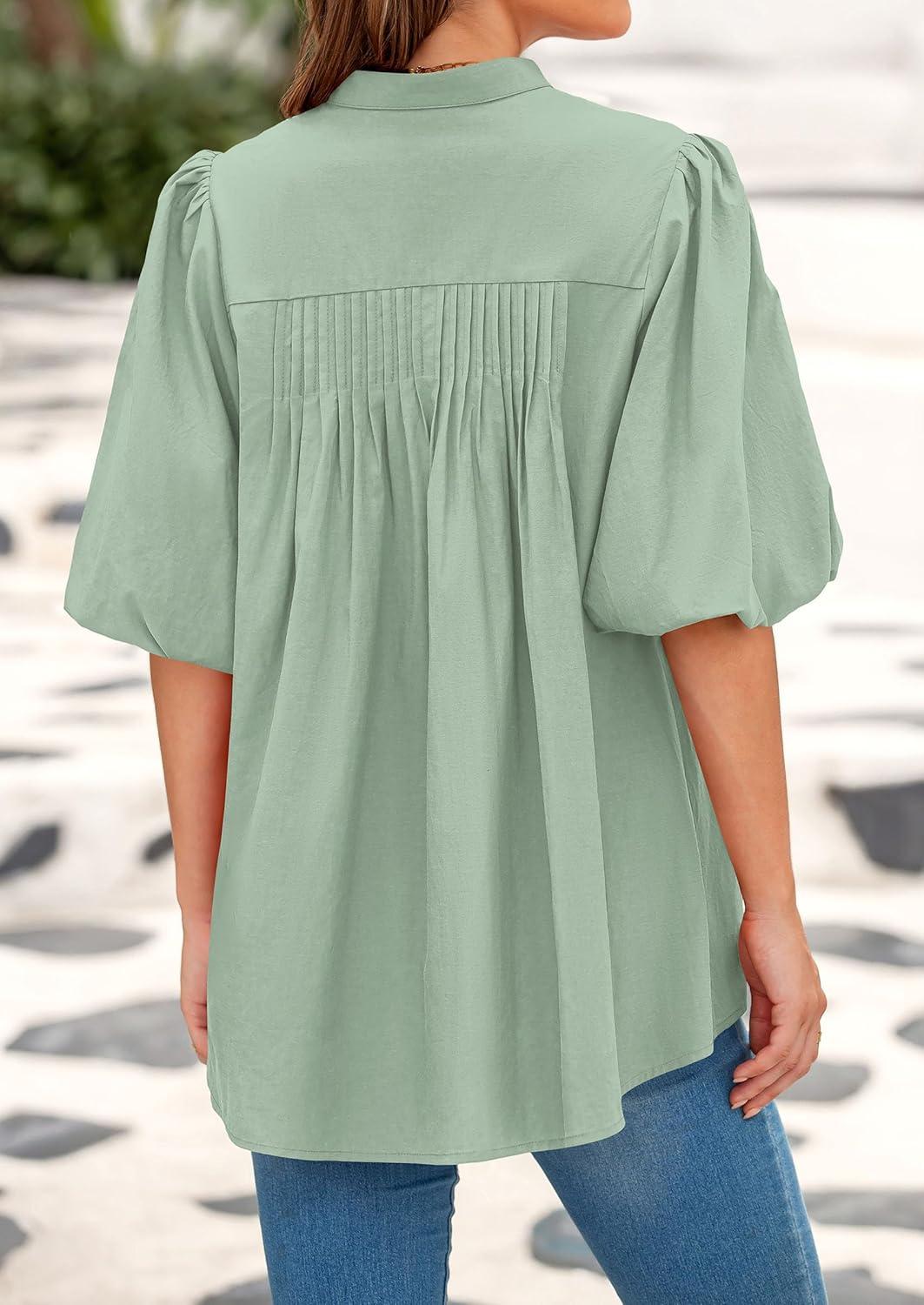 imagePRETTYGARDEN Womens 2025 Summer Short Lantern Sleeve Tops Loose Fit Button Down Shirt Pleated V Neck Blouses Trendy ClothesLight Green