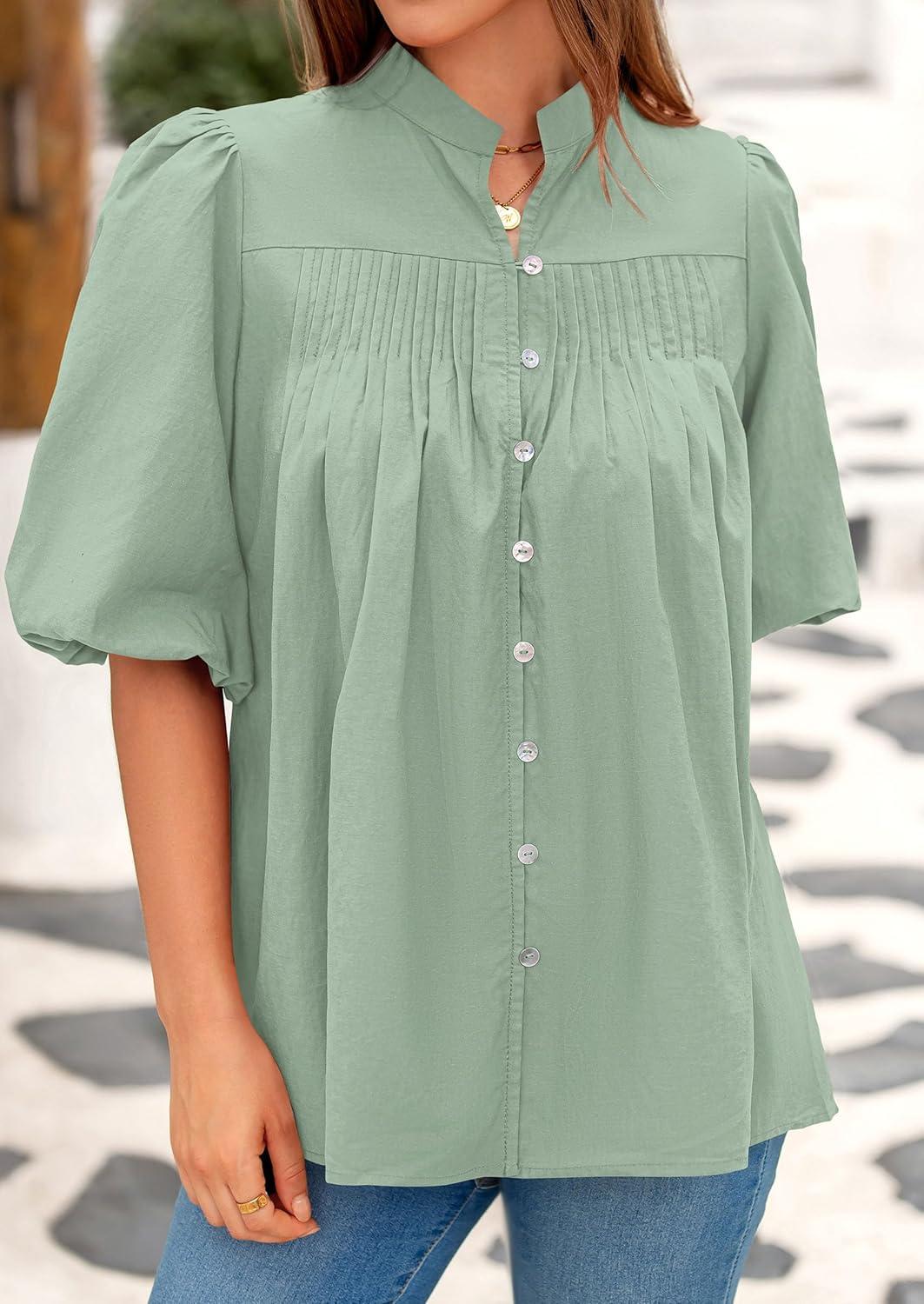 imagePRETTYGARDEN Womens 2025 Summer Short Lantern Sleeve Tops Loose Fit Button Down Shirt Pleated V Neck Blouses Trendy ClothesLight Green