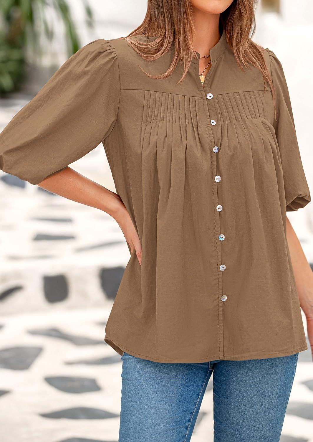 imagePRETTYGARDEN Womens 2025 Summer Short Lantern Sleeve Tops Loose Fit Button Down Shirt Pleated V Neck Blouses Trendy ClothesLight Khaki