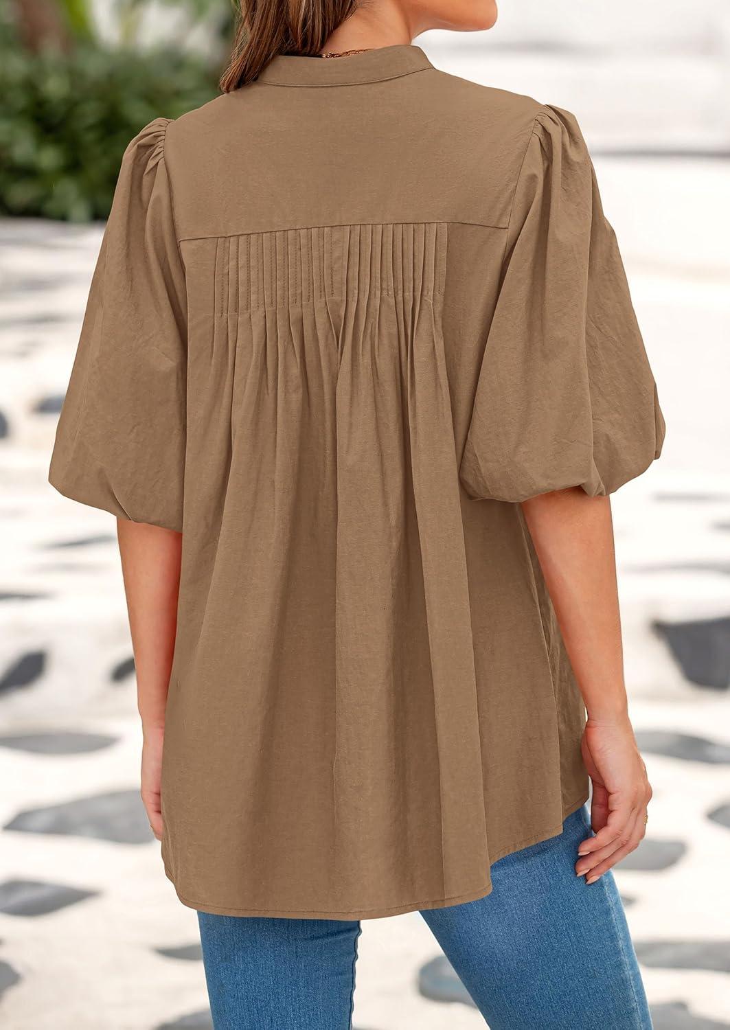 imagePRETTYGARDEN Womens 2025 Summer Short Lantern Sleeve Tops Loose Fit Button Down Shirt Pleated V Neck Blouses Trendy ClothesLight Khaki