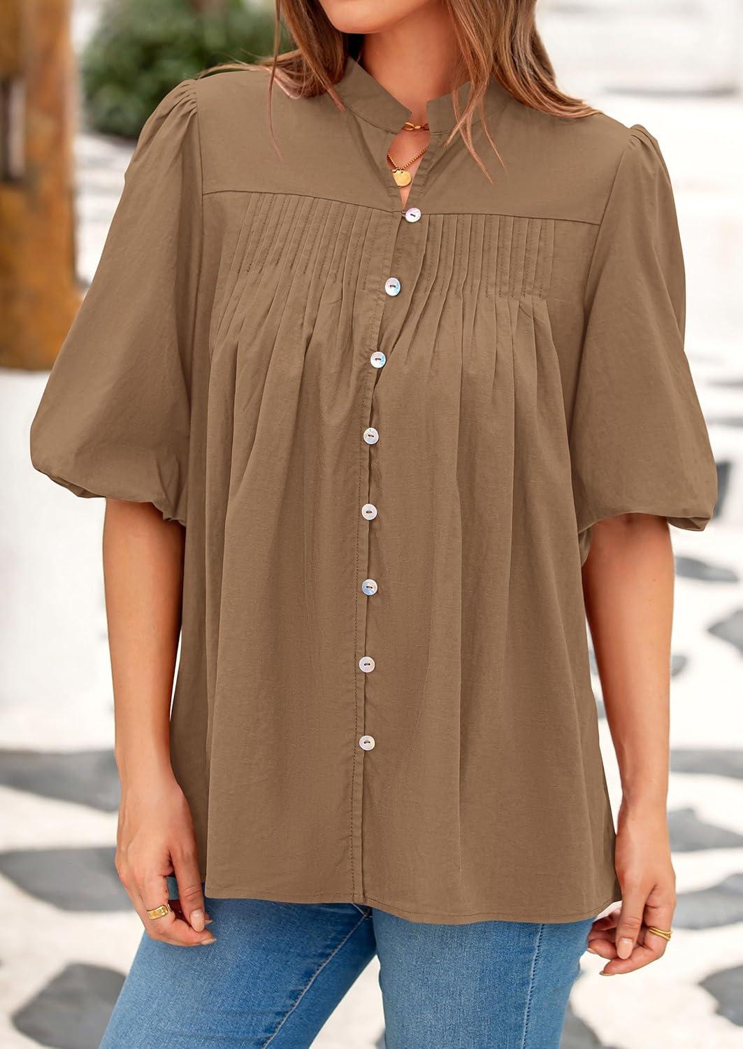 imagePRETTYGARDEN Womens 2025 Summer Short Lantern Sleeve Tops Loose Fit Button Down Shirt Pleated V Neck Blouses Trendy ClothesLight Khaki
