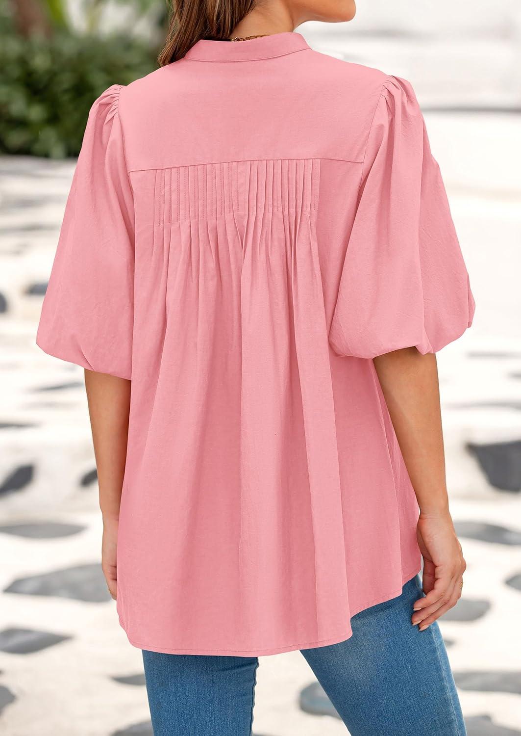 imagePRETTYGARDEN Womens 2025 Summer Short Lantern Sleeve Tops Loose Fit Button Down Shirt Pleated V Neck Blouses Trendy ClothesPink