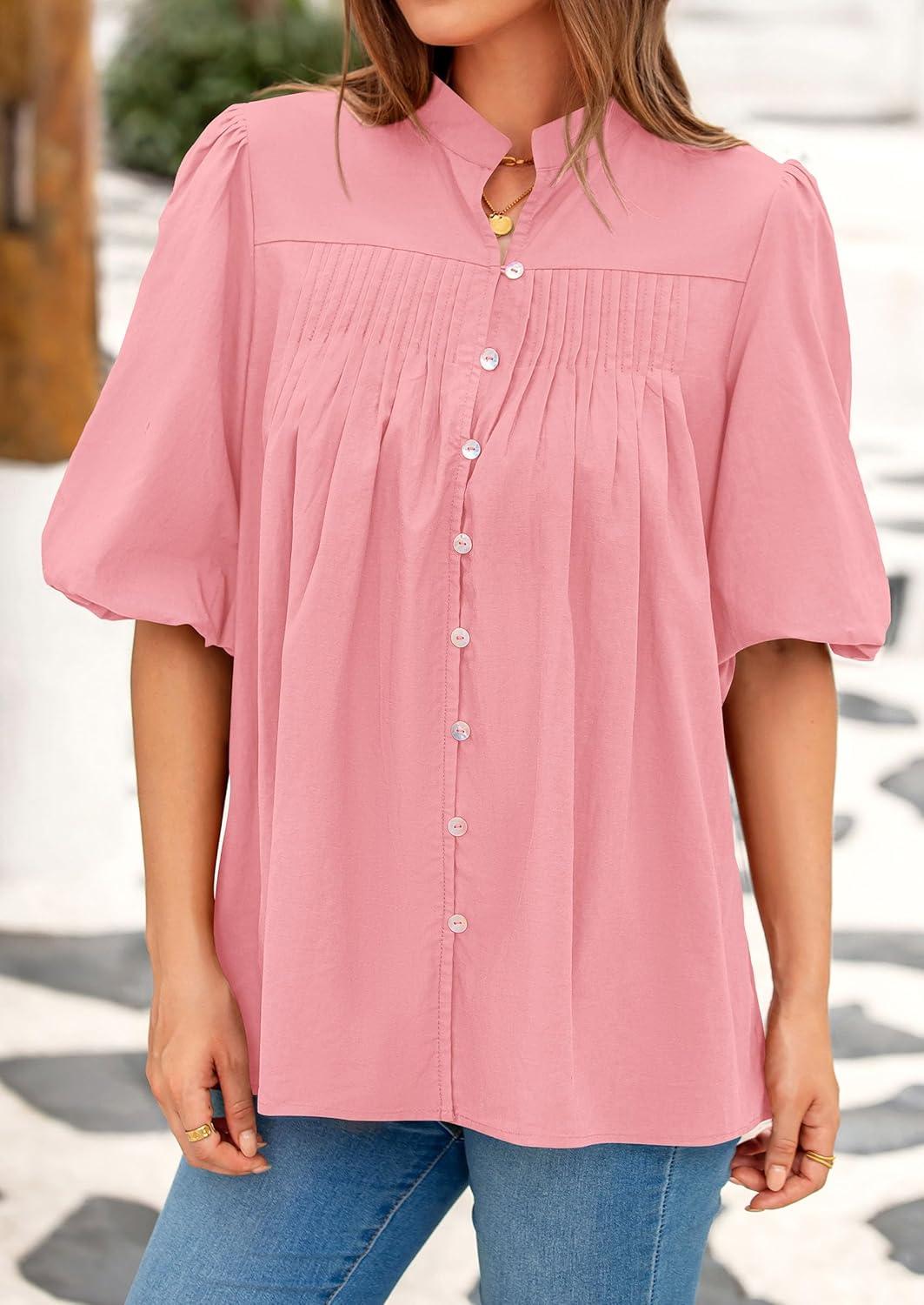 imagePRETTYGARDEN Womens 2025 Summer Short Lantern Sleeve Tops Loose Fit Button Down Shirt Pleated V Neck Blouses Trendy ClothesPink
