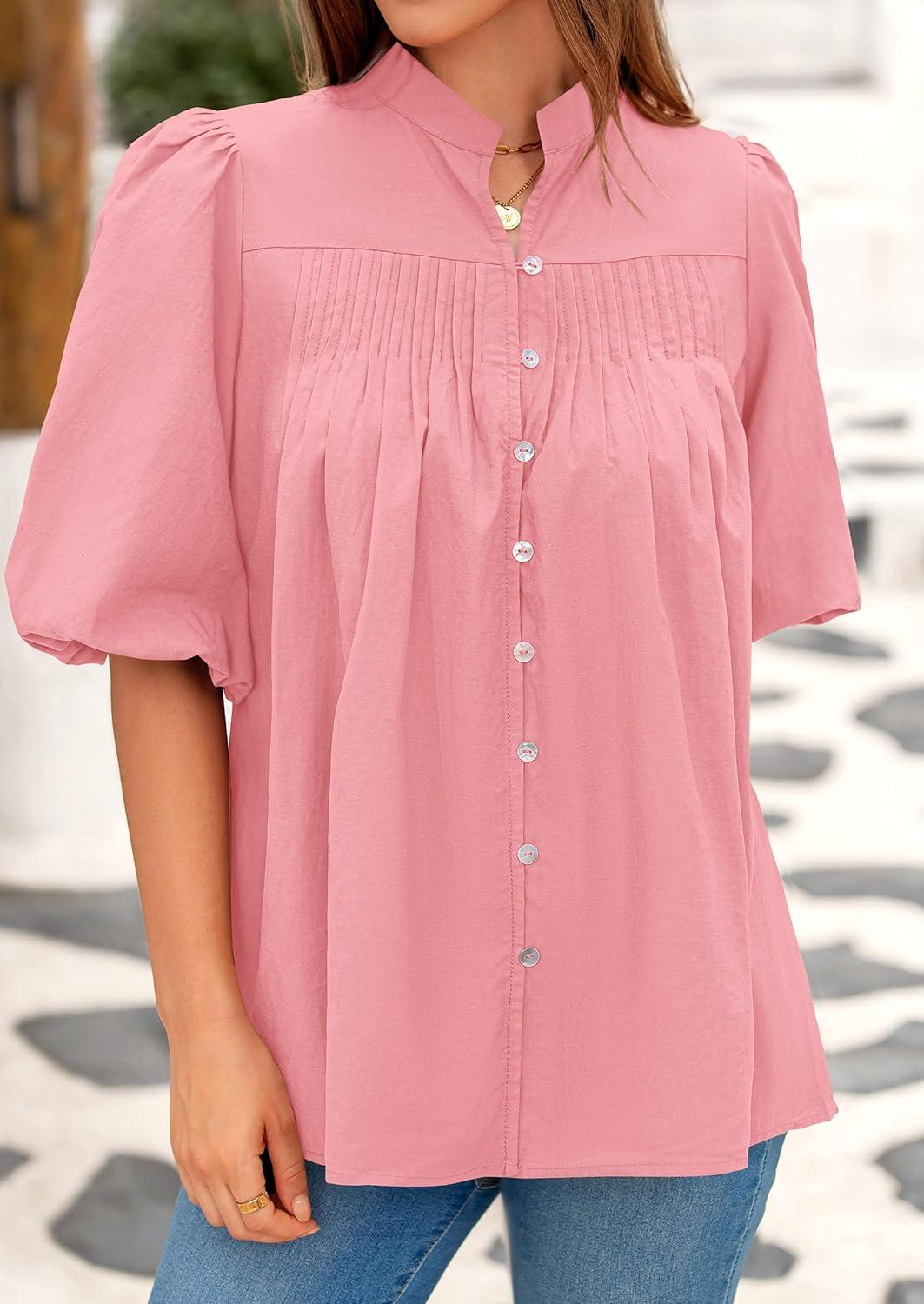 imagePRETTYGARDEN Womens 2025 Summer Short Lantern Sleeve Tops Loose Fit Button Down Shirt Pleated V Neck Blouses Trendy ClothesPink