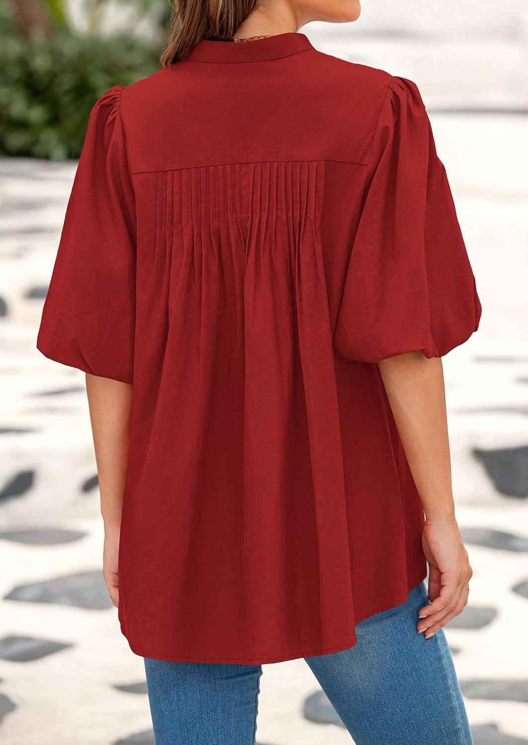 imagePRETTYGARDEN Womens 2025 Summer Short Lantern Sleeve Tops Loose Fit Button Down Shirt Pleated V Neck Blouses Trendy ClothesRed