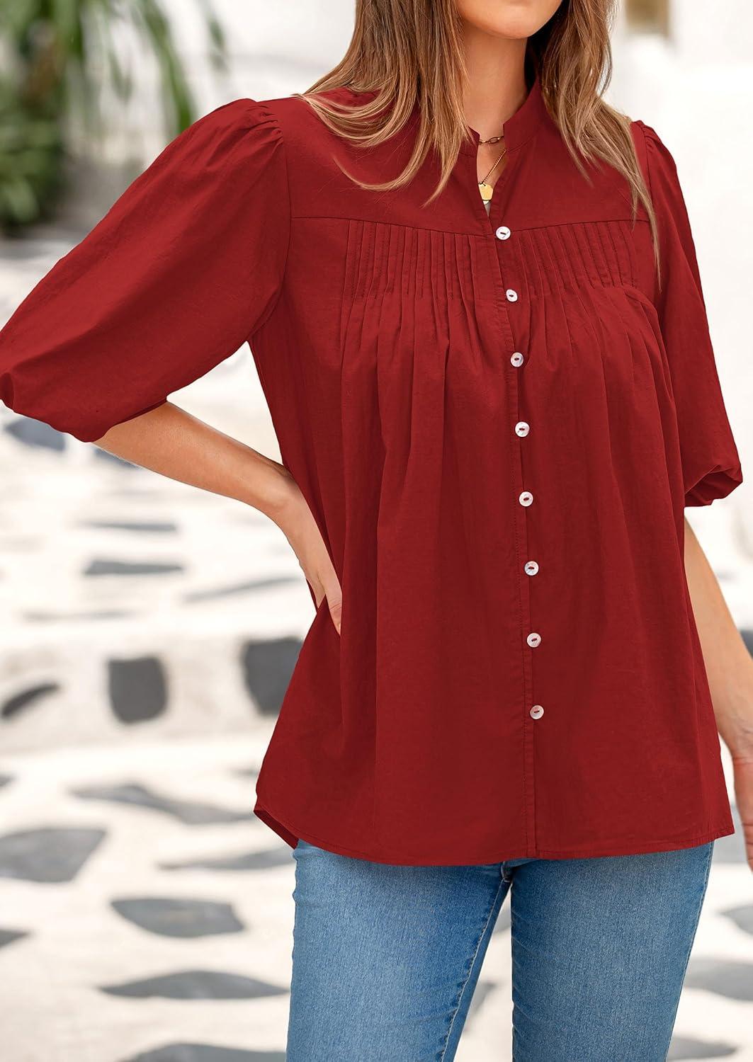imagePRETTYGARDEN Womens 2025 Summer Short Lantern Sleeve Tops Loose Fit Button Down Shirt Pleated V Neck Blouses Trendy ClothesRed