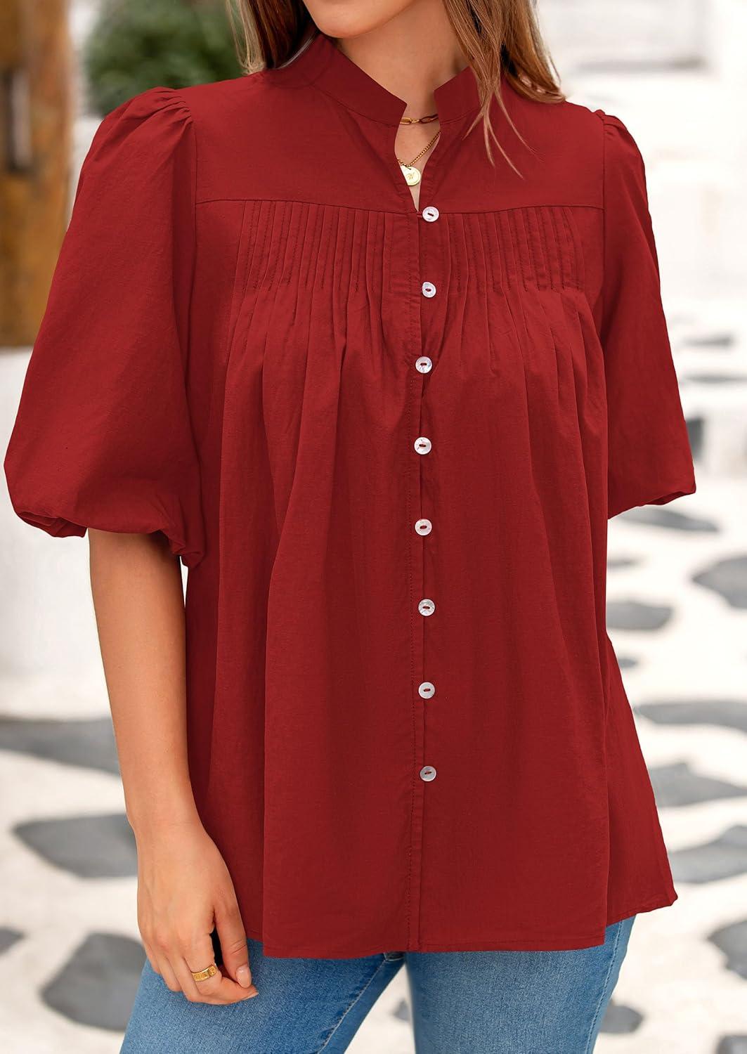 imagePRETTYGARDEN Womens 2025 Summer Short Lantern Sleeve Tops Loose Fit Button Down Shirt Pleated V Neck Blouses Trendy ClothesRed