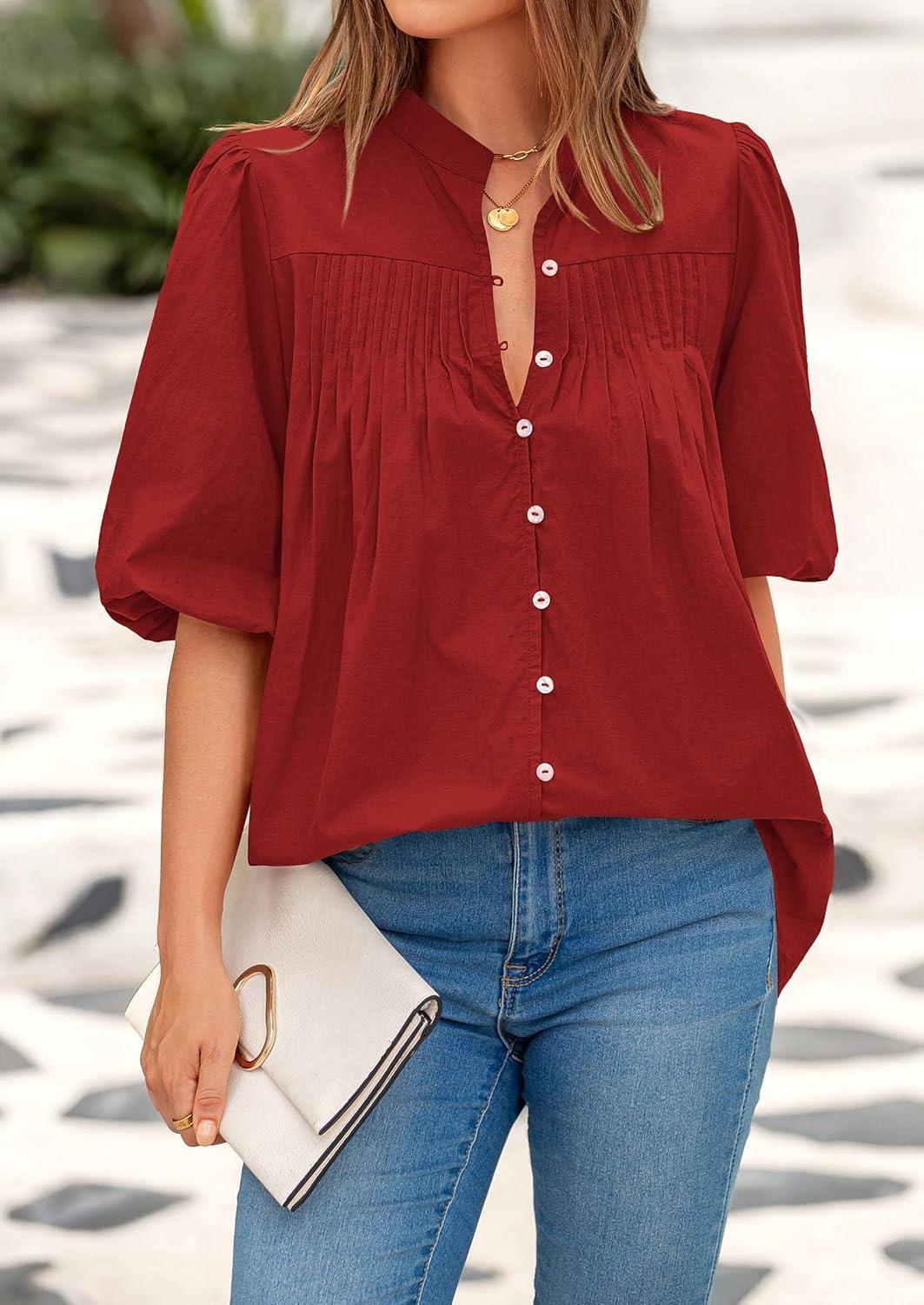 imagePRETTYGARDEN Womens 2025 Summer Short Lantern Sleeve Tops Loose Fit Button Down Shirt Pleated V Neck Blouses Trendy ClothesRed