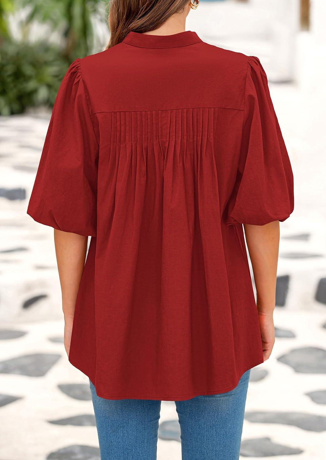 imagePRETTYGARDEN Womens 2025 Summer Short Lantern Sleeve Tops Loose Fit Button Down Shirt Pleated V Neck Blouses Trendy ClothesRed