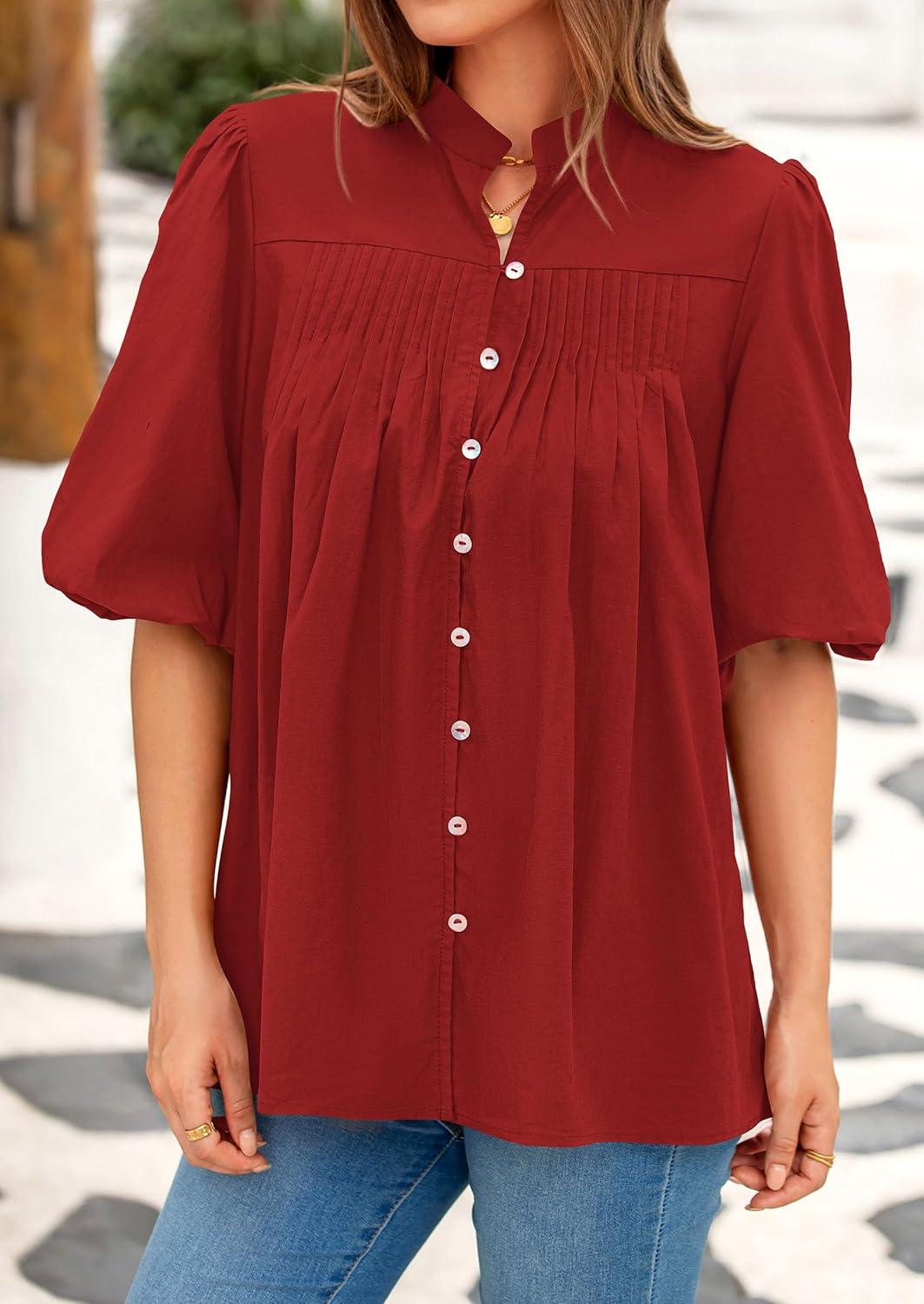 imagePRETTYGARDEN Womens 2025 Summer Short Lantern Sleeve Tops Loose Fit Button Down Shirt Pleated V Neck Blouses Trendy ClothesRed
