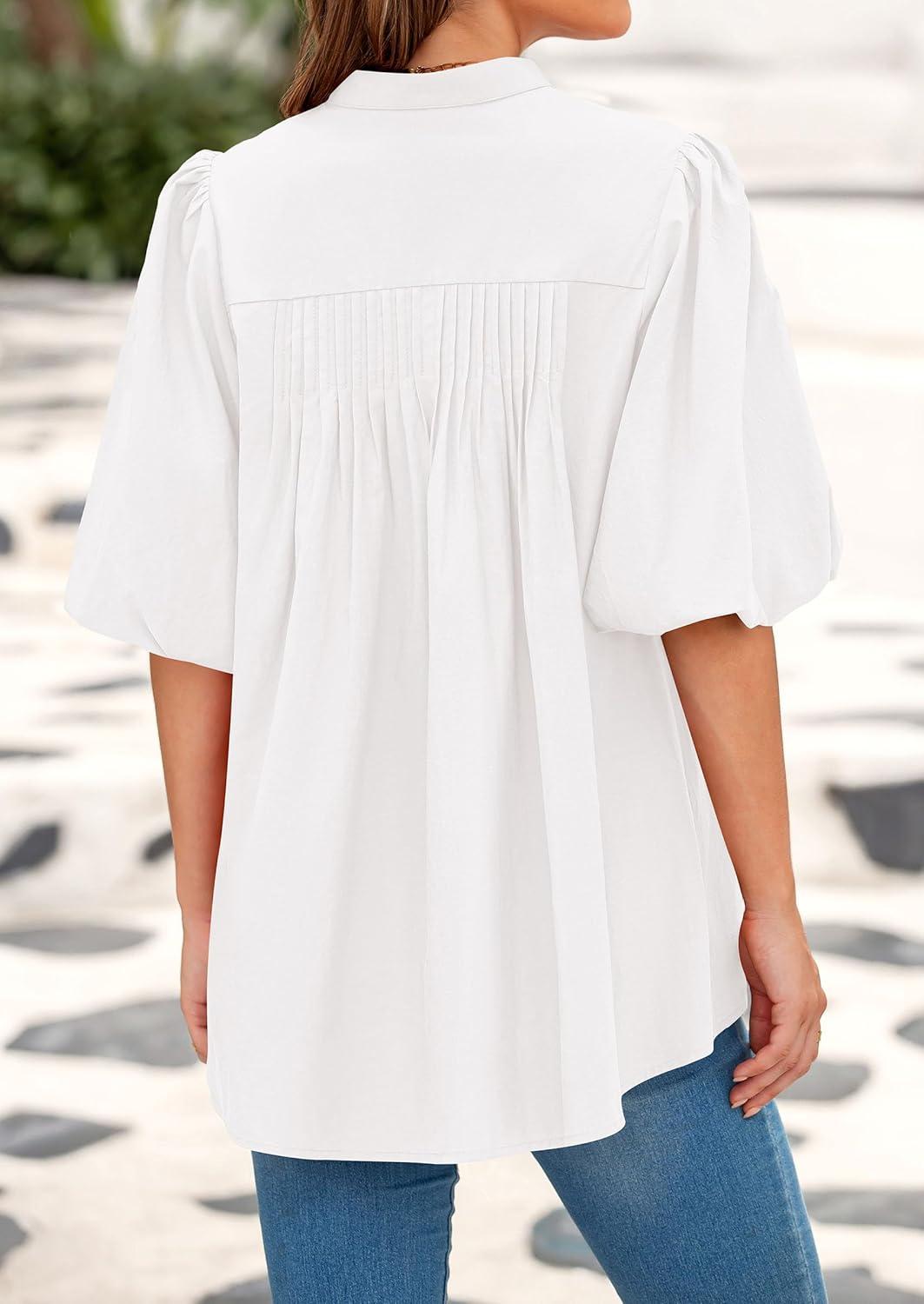 imagePRETTYGARDEN Womens 2025 Summer Short Lantern Sleeve Tops Loose Fit Button Down Shirt Pleated V Neck Blouses Trendy ClothesWhite