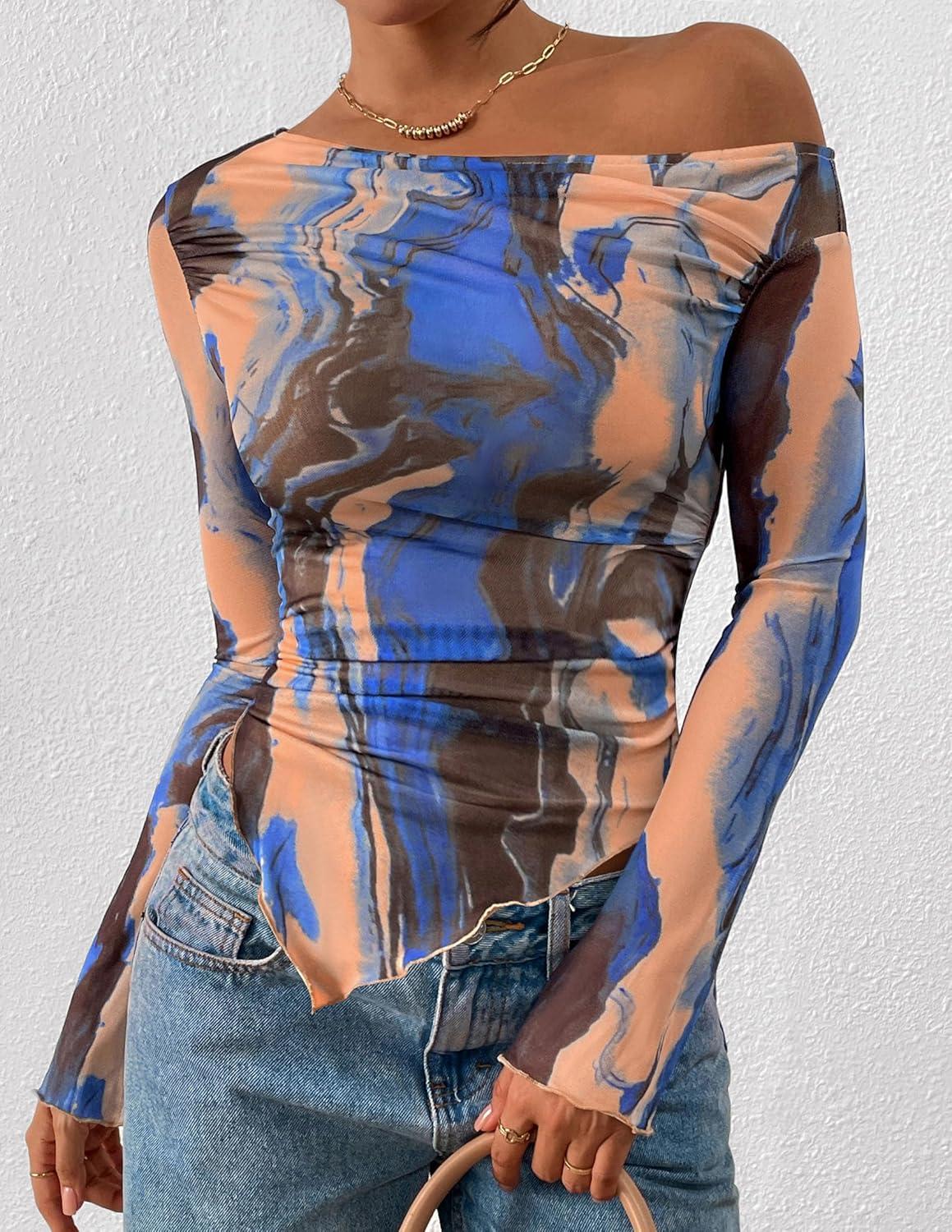 imagePRETTYGARDEN Womens Fall Trendy Off Shoulder Y2k Tops 2025 Tie Dye Mesh Long Sleeve Shirts Asymmetrical Ruched Floral BlouseBlue Watercolour