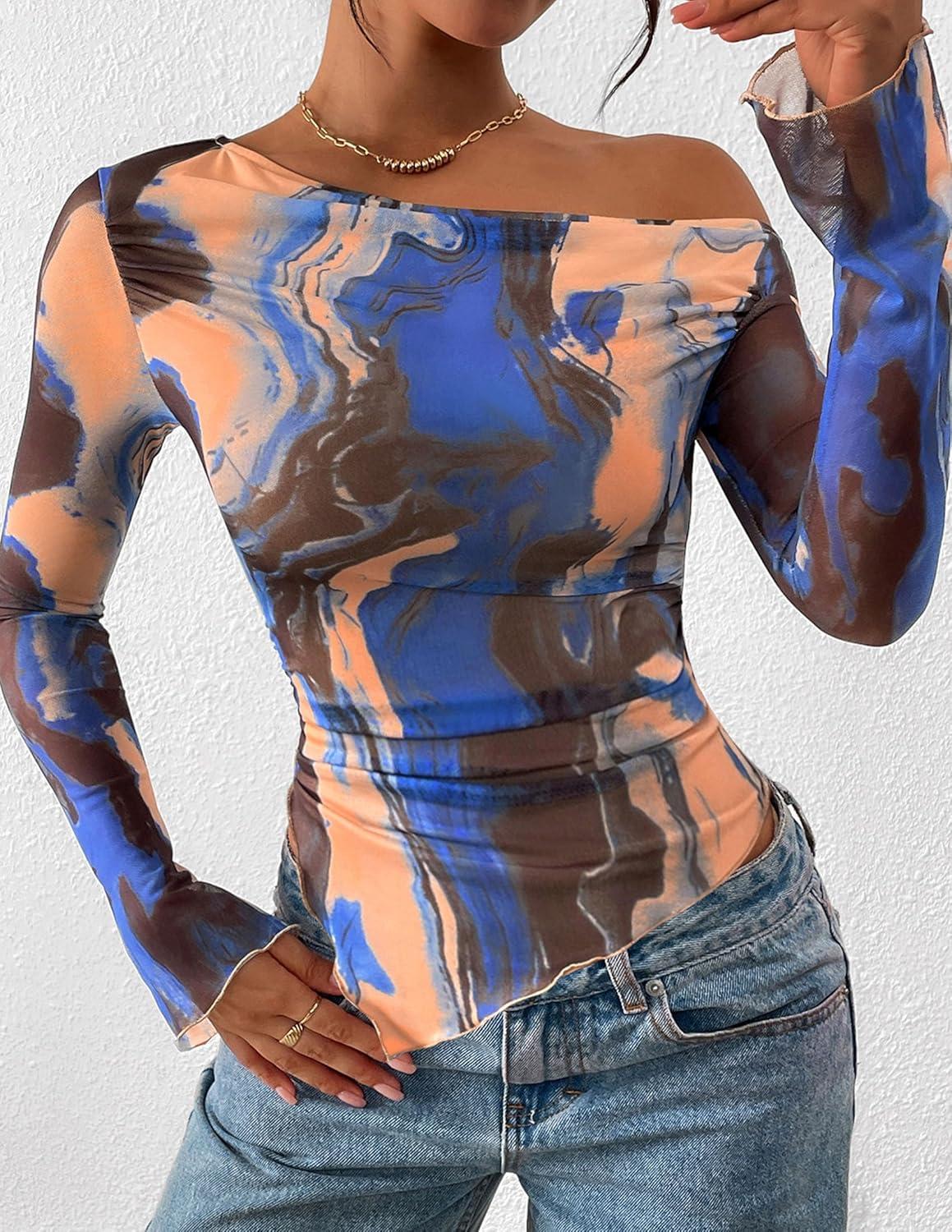 imagePRETTYGARDEN Womens Fall Trendy Off Shoulder Y2k Tops 2025 Tie Dye Mesh Long Sleeve Shirts Asymmetrical Ruched Floral BlouseBlue Watercolour