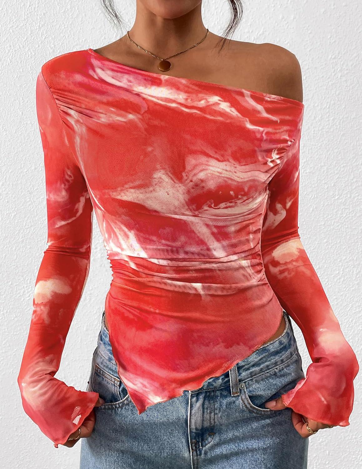 imagePRETTYGARDEN Womens Fall Trendy Off Shoulder Y2k Tops 2025 Tie Dye Mesh Long Sleeve Shirts Asymmetrical Ruched Floral BlouseFloral Brick Red