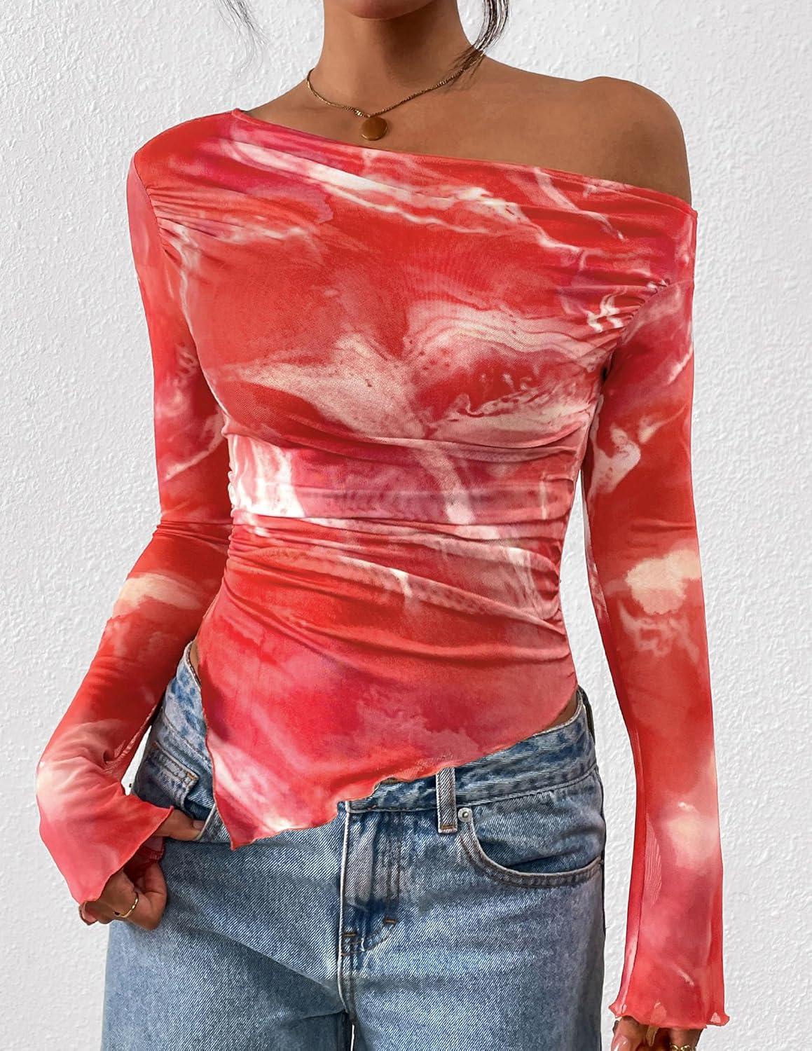 imagePRETTYGARDEN Womens Fall Trendy Off Shoulder Y2k Tops 2025 Tie Dye Mesh Long Sleeve Shirts Asymmetrical Ruched Floral BlouseFloral Brick Red
