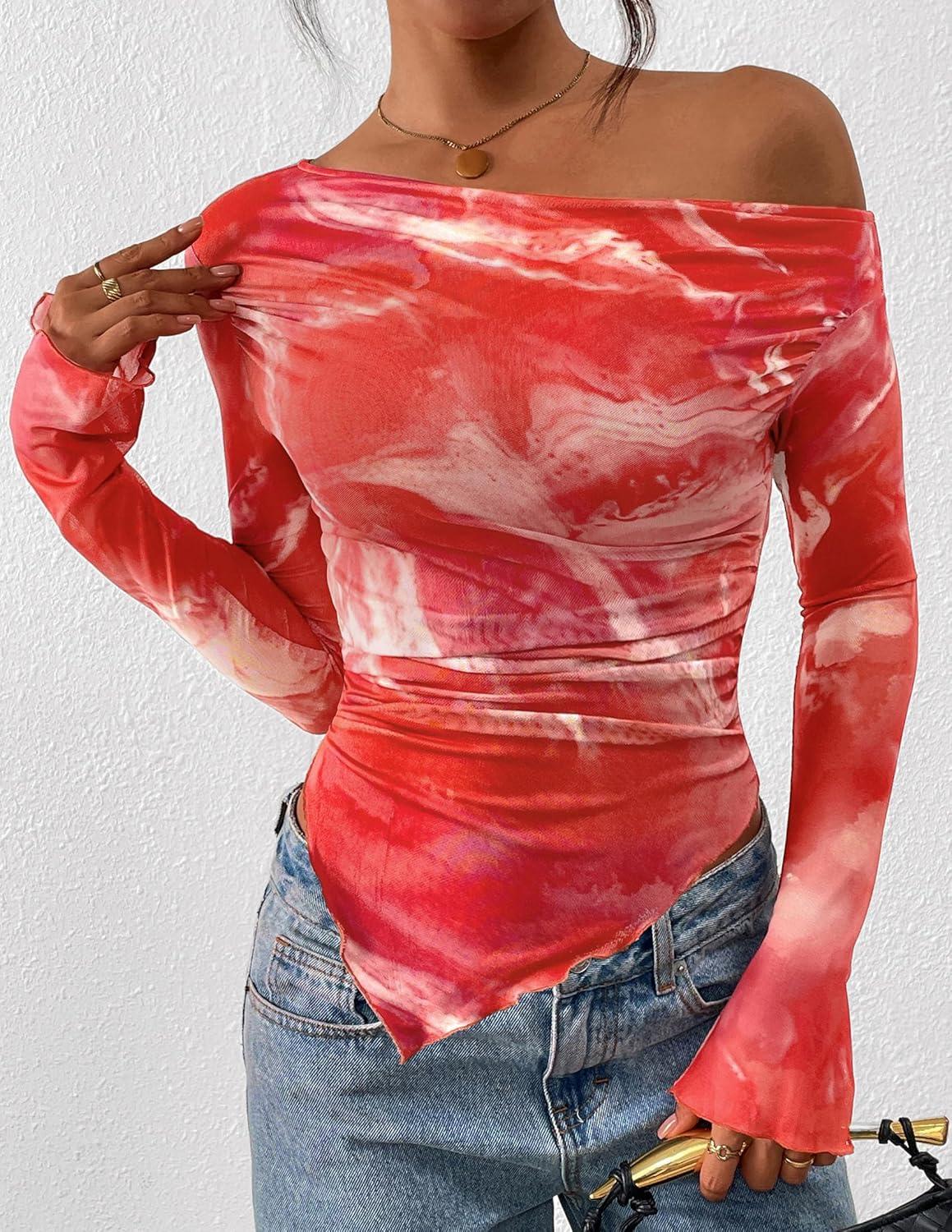 imagePRETTYGARDEN Womens Fall Trendy Off Shoulder Y2k Tops 2025 Tie Dye Mesh Long Sleeve Shirts Asymmetrical Ruched Floral BlouseFloral Brick Red