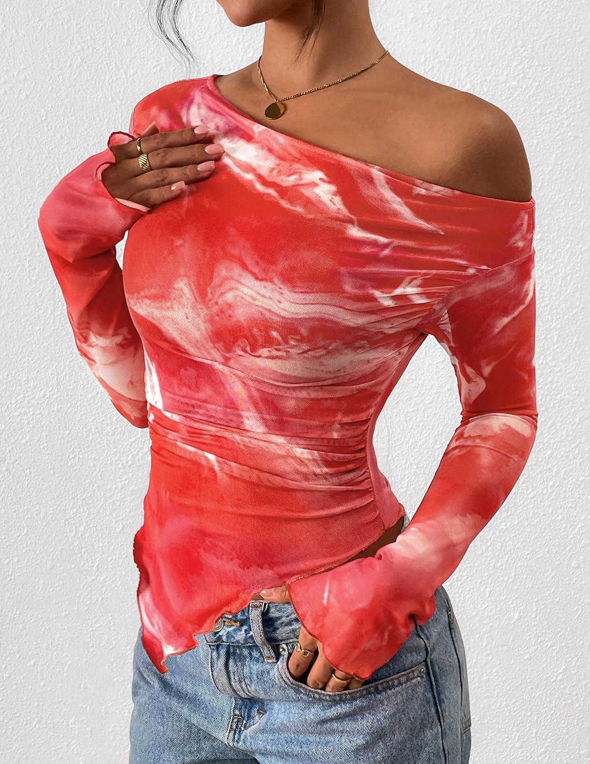 imagePRETTYGARDEN Womens Fall Trendy Off Shoulder Y2k Tops 2025 Tie Dye Mesh Long Sleeve Shirts Asymmetrical Ruched Floral BlouseFloral Brick Red