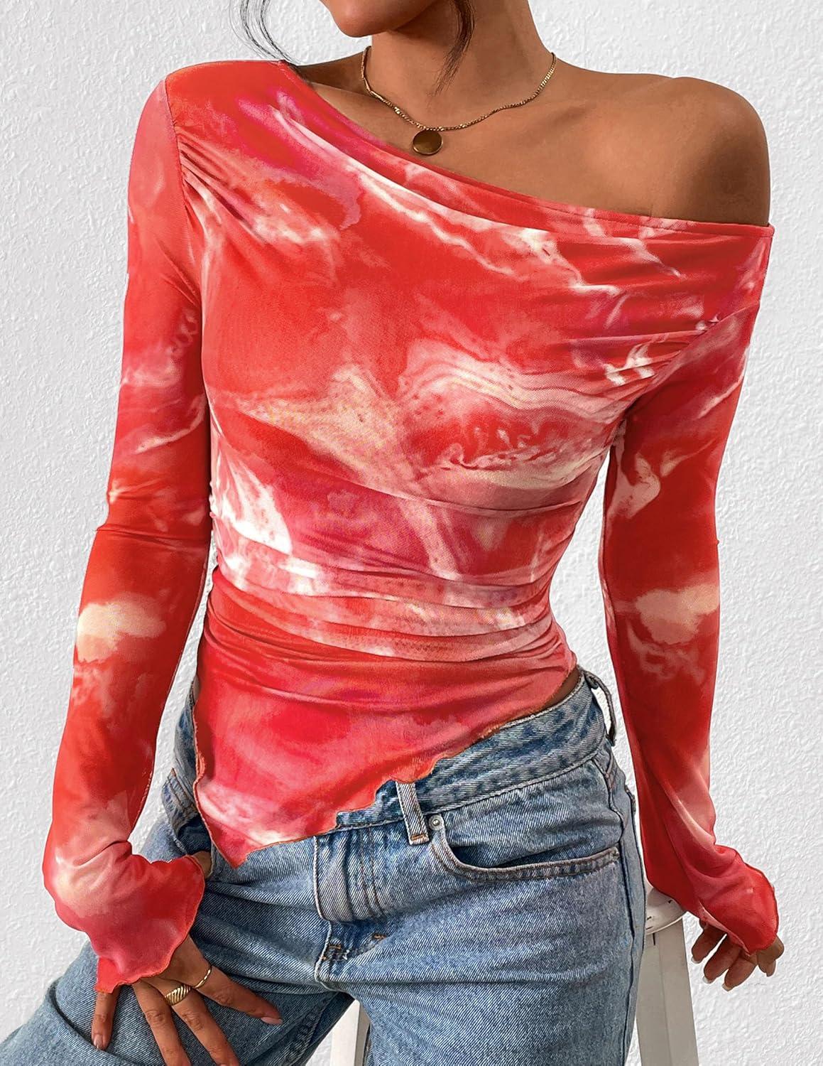 imagePRETTYGARDEN Womens Fall Trendy Off Shoulder Y2k Tops 2025 Tie Dye Mesh Long Sleeve Shirts Asymmetrical Ruched Floral BlouseFloral Brick Red