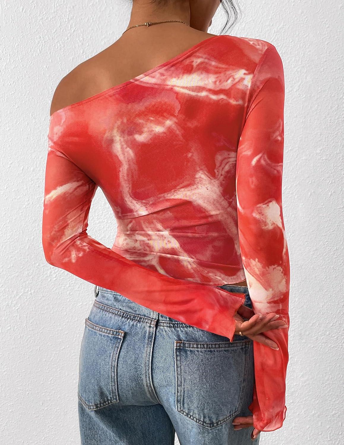 imagePRETTYGARDEN Womens Fall Trendy Off Shoulder Y2k Tops 2025 Tie Dye Mesh Long Sleeve Shirts Asymmetrical Ruched Floral BlouseFloral Brick Red