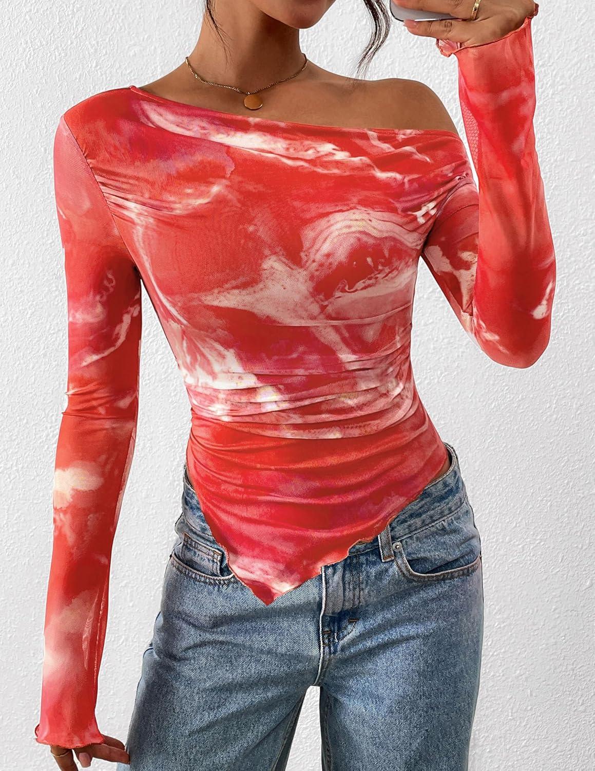 imagePRETTYGARDEN Womens Fall Trendy Off Shoulder Y2k Tops 2025 Tie Dye Mesh Long Sleeve Shirts Asymmetrical Ruched Floral BlouseFloral Brick Red
