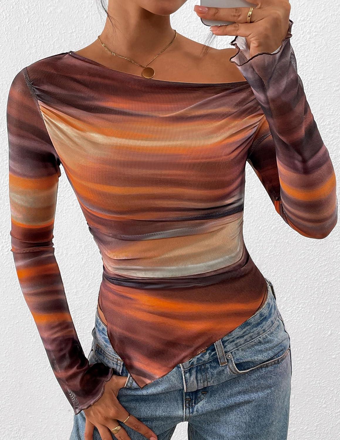 imagePRETTYGARDEN Womens Fall Trendy Off Shoulder Y2k Tops 2025 Tie Dye Mesh Long Sleeve Shirts Asymmetrical Ruched Floral BlouseFloral Brown