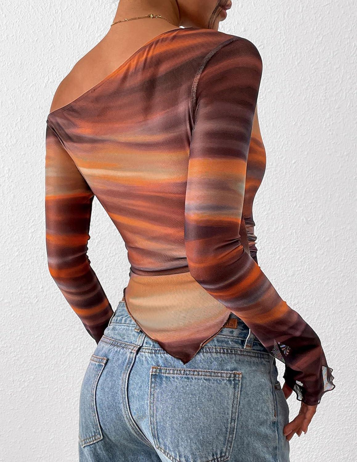 imagePRETTYGARDEN Womens Fall Trendy Off Shoulder Y2k Tops 2025 Tie Dye Mesh Long Sleeve Shirts Asymmetrical Ruched Floral BlouseFloral Brown
