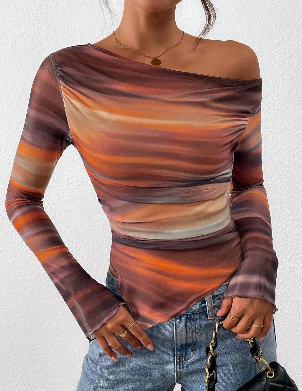 imagePRETTYGARDEN Womens Fall Trendy Off Shoulder Y2k Tops 2025 Tie Dye Mesh Long Sleeve Shirts Asymmetrical Ruched Floral BlouseFloral Brown