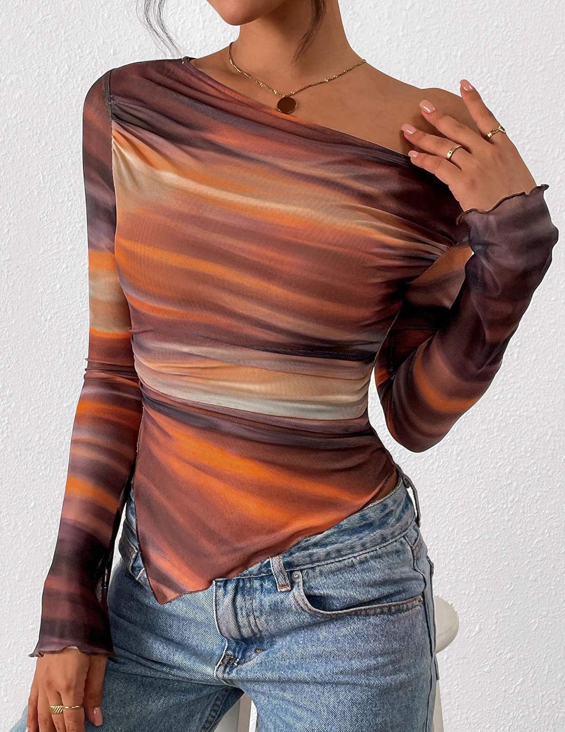 imagePRETTYGARDEN Womens Fall Trendy Off Shoulder Y2k Tops 2025 Tie Dye Mesh Long Sleeve Shirts Asymmetrical Ruched Floral BlouseFloral Brown