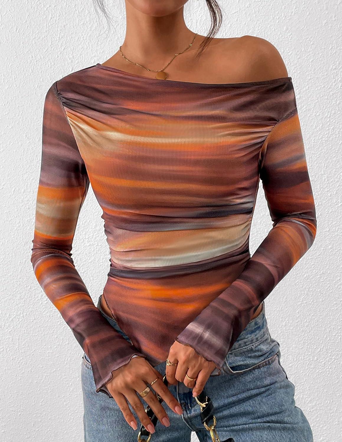imagePRETTYGARDEN Womens Fall Trendy Off Shoulder Y2k Tops 2025 Tie Dye Mesh Long Sleeve Shirts Asymmetrical Ruched Floral BlouseFloral Brown