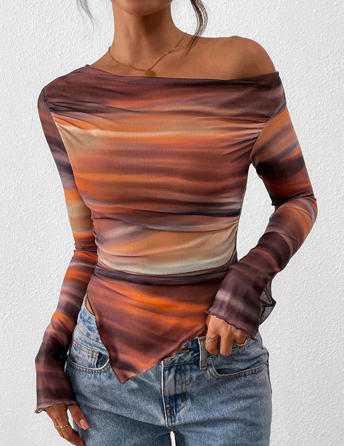 imagePRETTYGARDEN Womens Fall Trendy Off Shoulder Y2k Tops 2025 Tie Dye Mesh Long Sleeve Shirts Asymmetrical Ruched Floral BlouseFloral Brown