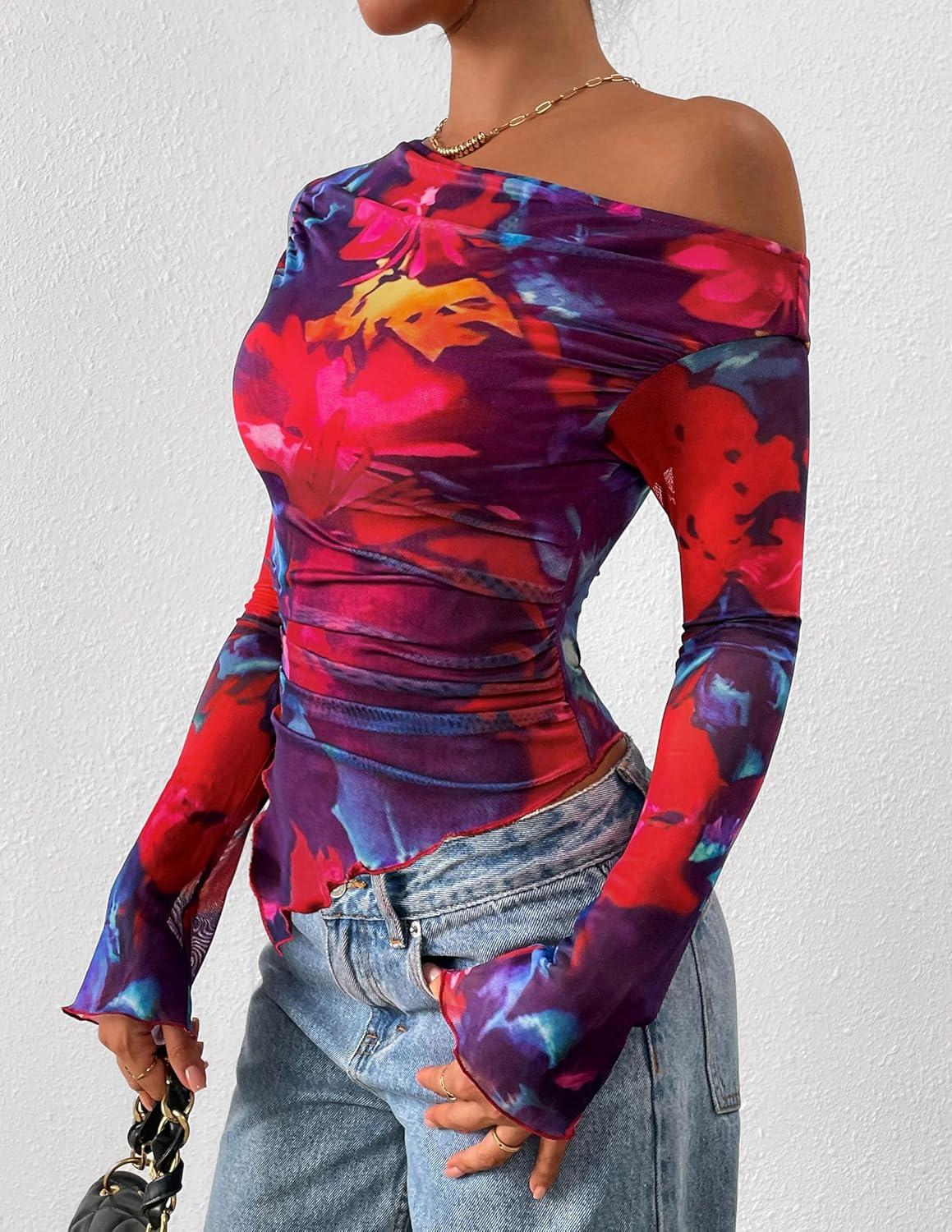 imagePRETTYGARDEN Womens Fall Trendy Off Shoulder Y2k Tops 2025 Tie Dye Mesh Long Sleeve Shirts Asymmetrical Ruched Floral BlouseFloral Navy Red