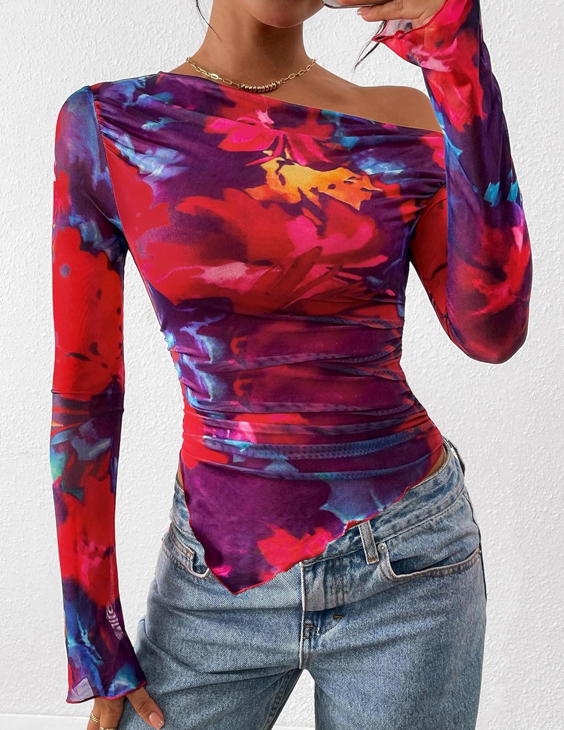 imagePRETTYGARDEN Womens Fall Trendy Off Shoulder Y2k Tops 2025 Tie Dye Mesh Long Sleeve Shirts Asymmetrical Ruched Floral BlouseFloral Navy Red