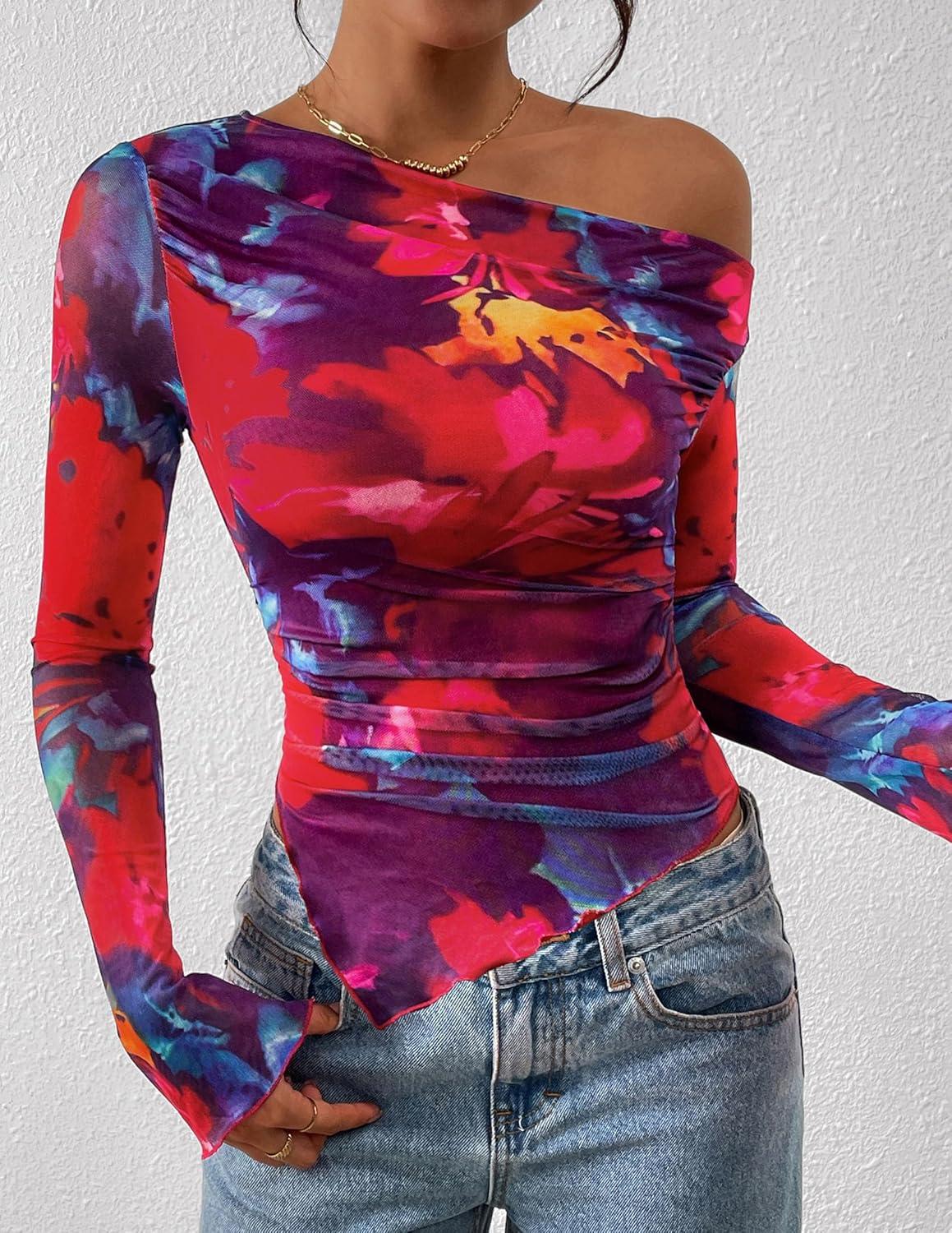 imagePRETTYGARDEN Womens Fall Trendy Off Shoulder Y2k Tops 2025 Tie Dye Mesh Long Sleeve Shirts Asymmetrical Ruched Floral BlouseFloral Navy Red