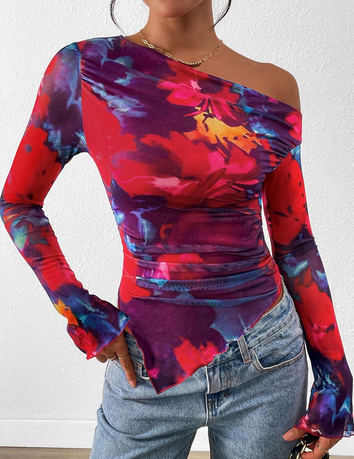 imagePRETTYGARDEN Womens Fall Trendy Off Shoulder Y2k Tops 2025 Tie Dye Mesh Long Sleeve Shirts Asymmetrical Ruched Floral BlouseFloral Navy Red